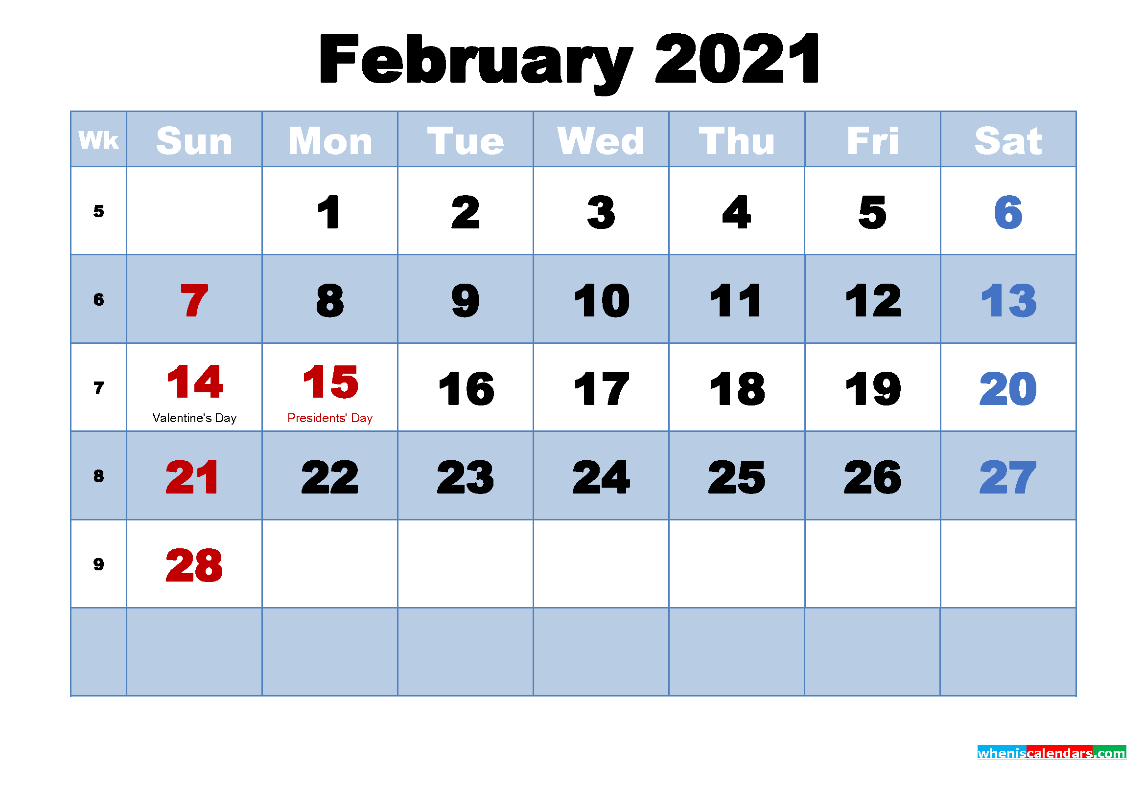 free printable february 2021 calendar with holidays