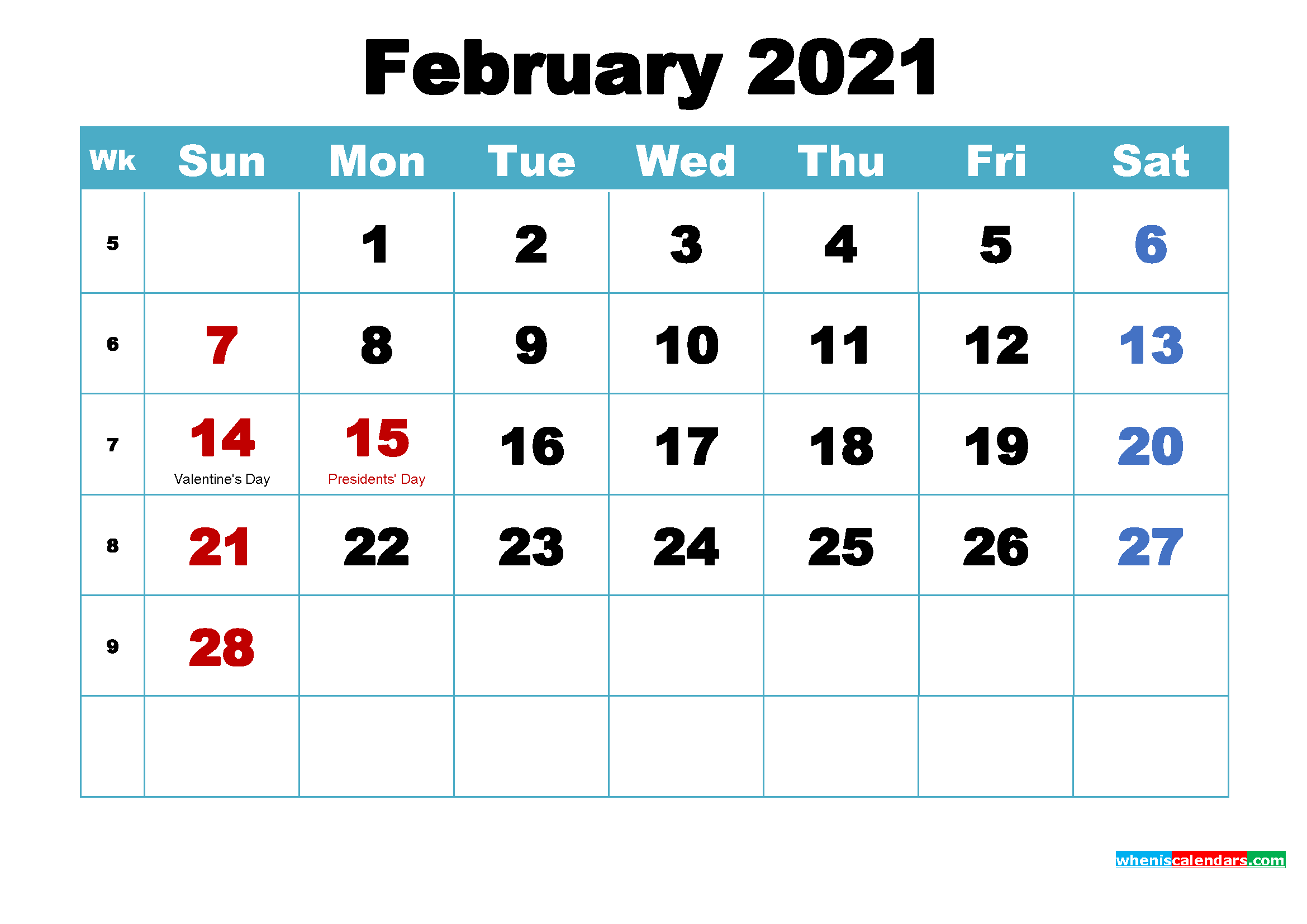 Printable Calendar for February 2021