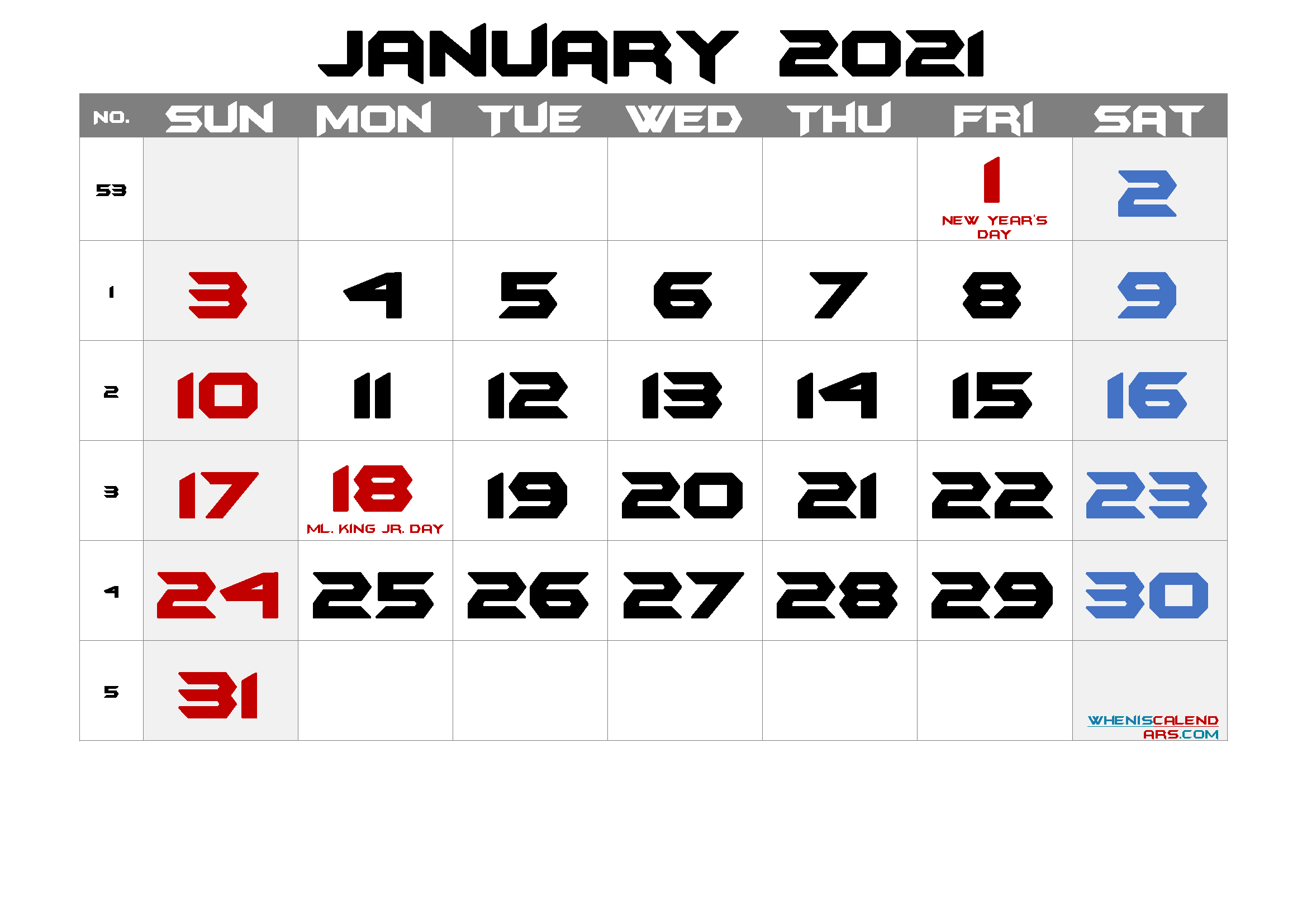 free printable january 2021 calendar with holidays