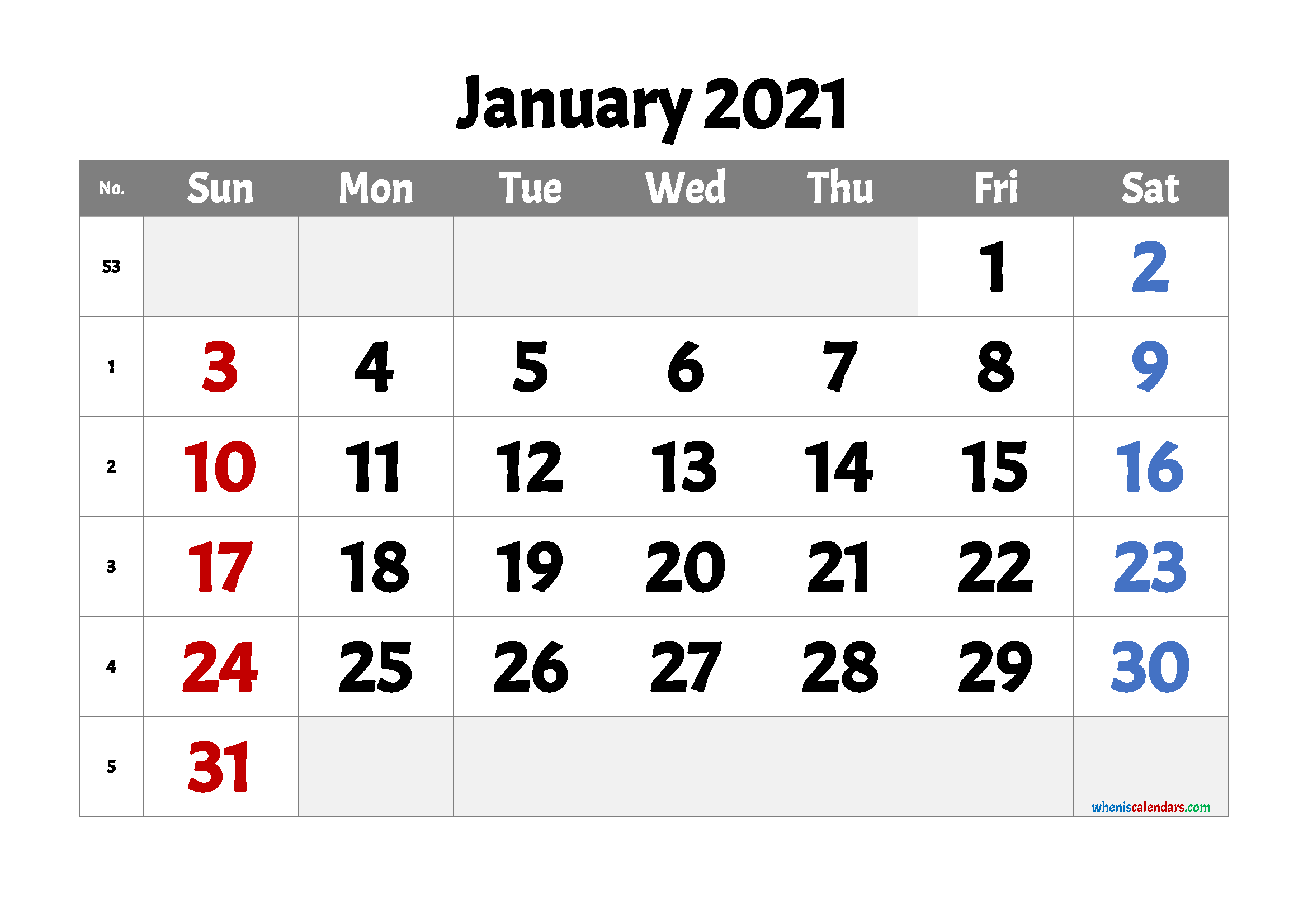 Printable Calendar January 2021 Free
