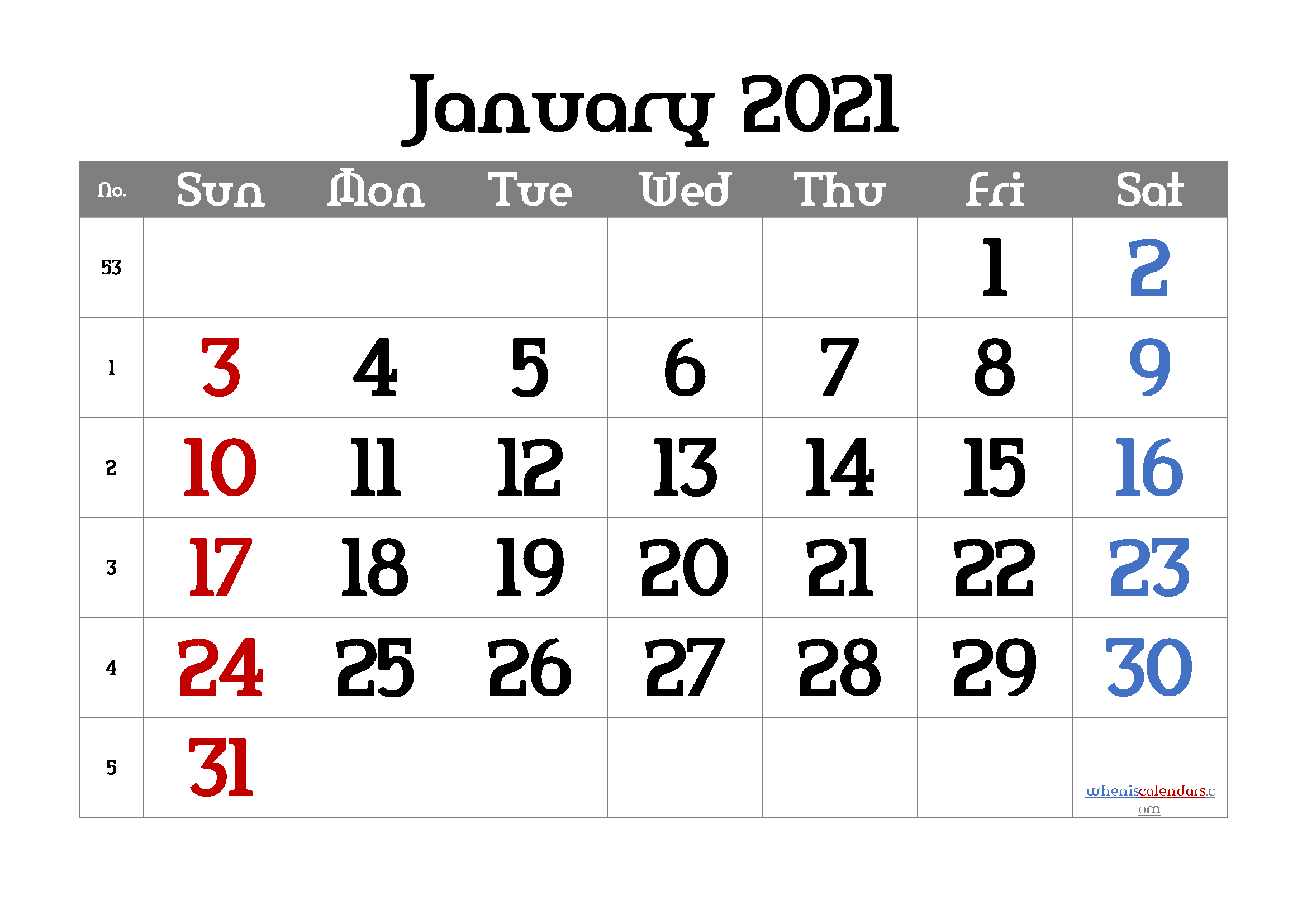 free printable january 2021 calendar with week numbers