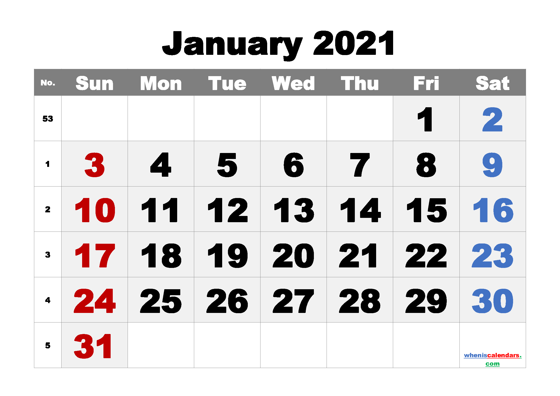 Printable Calendar January 2021 Free