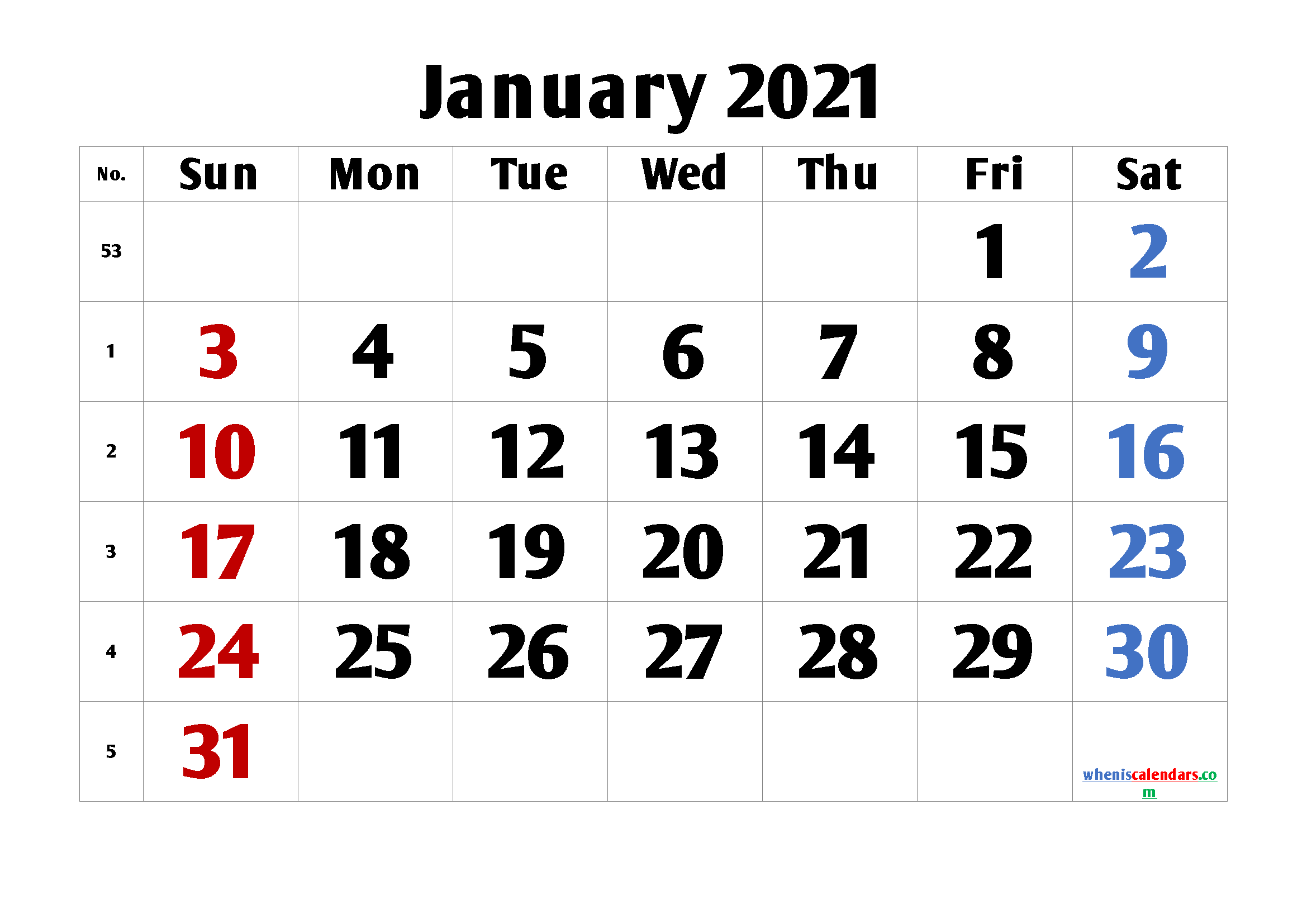 Printable Calendar for January 2021