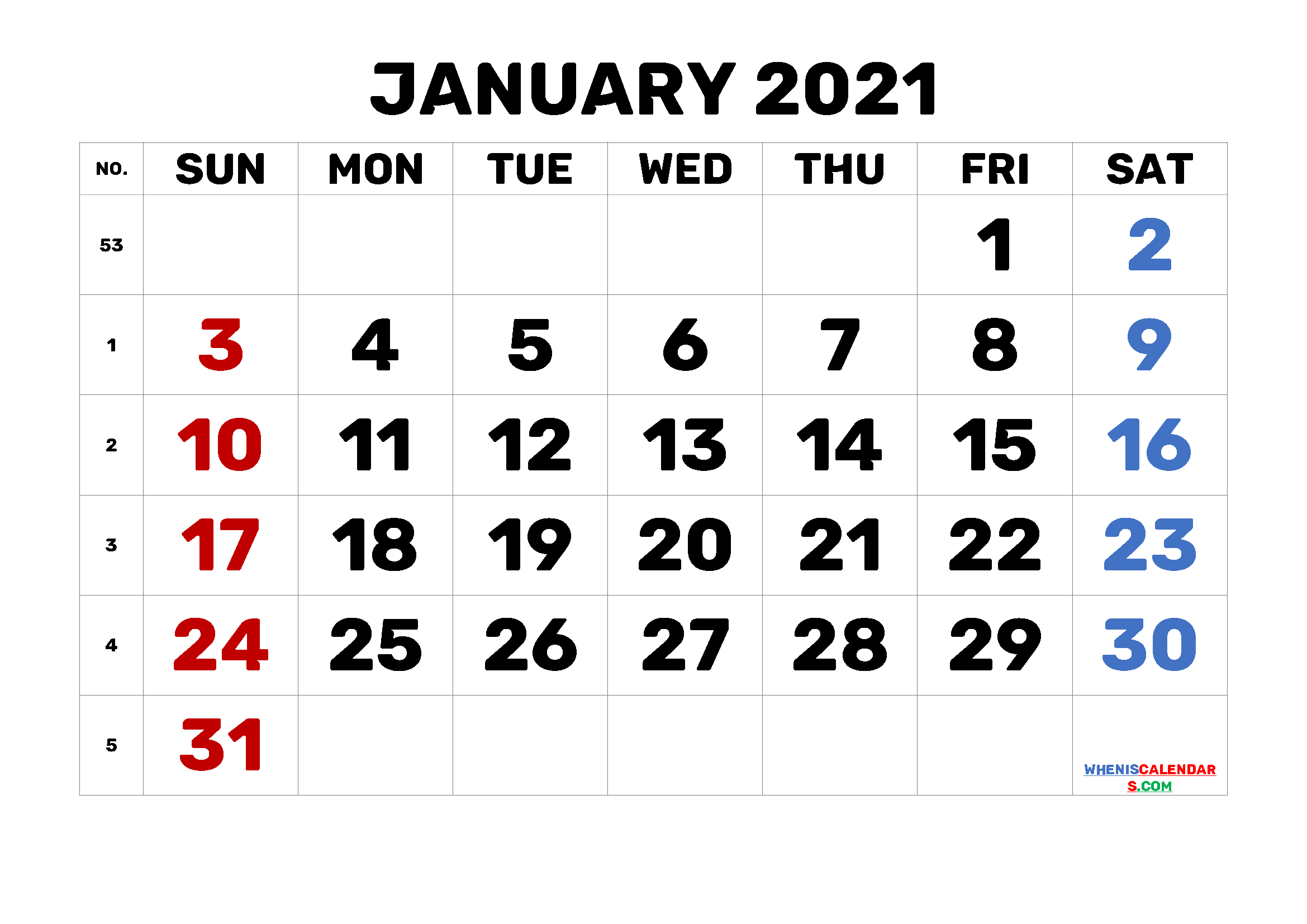 January 2021 Printable Calendar Free