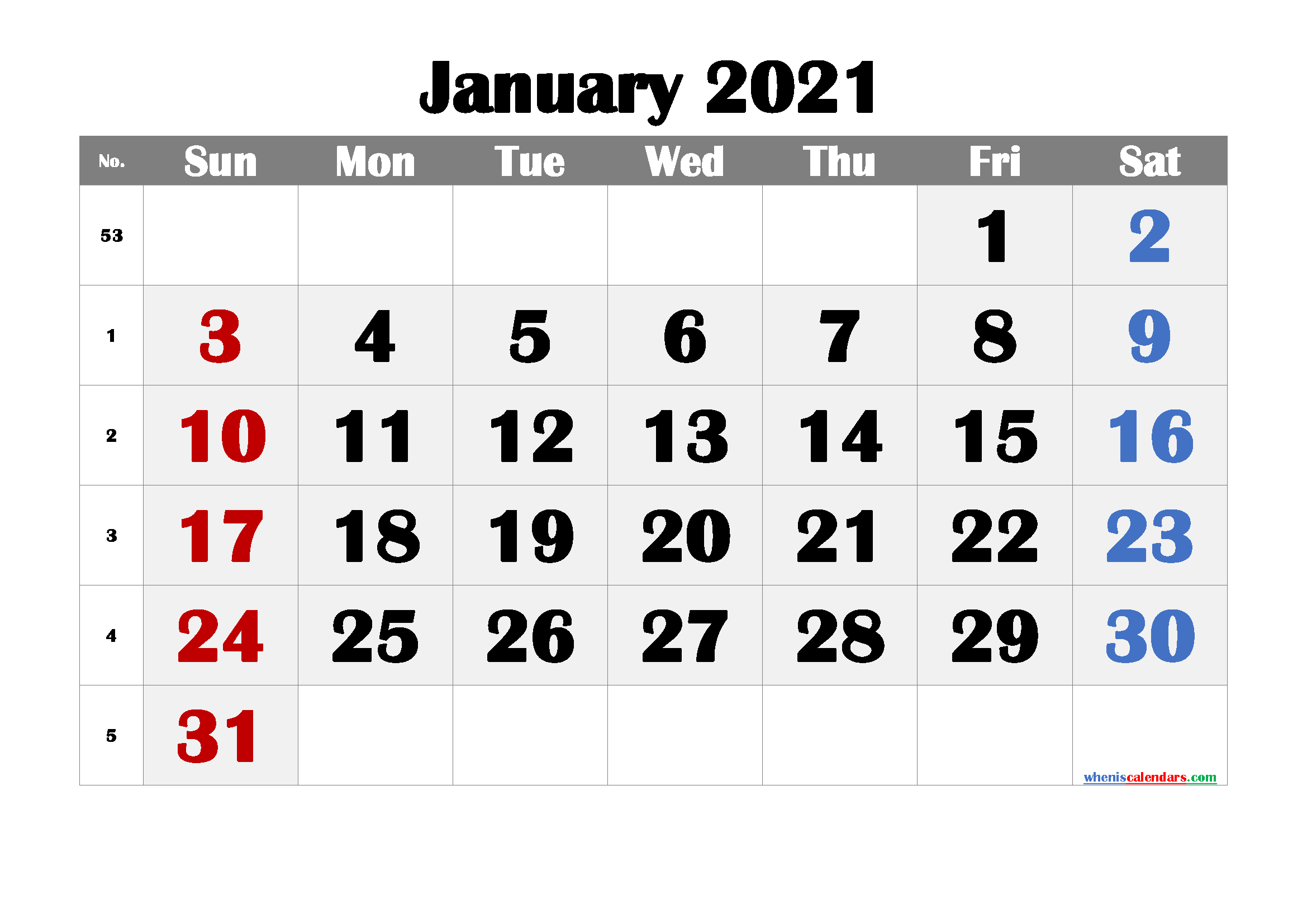 free printable january 2021 calendar with week numbers