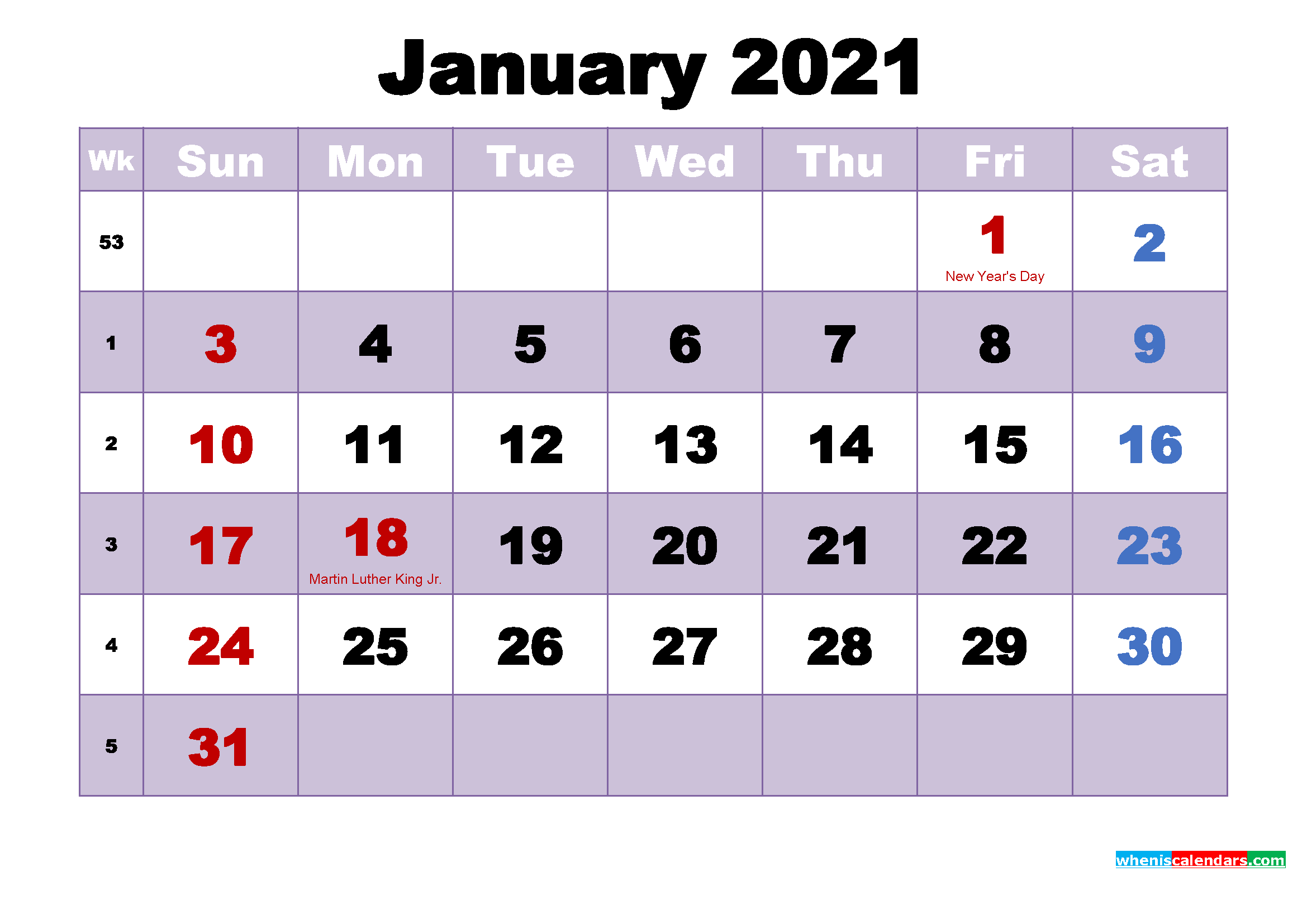 free printable january 2021 calendar with holidays