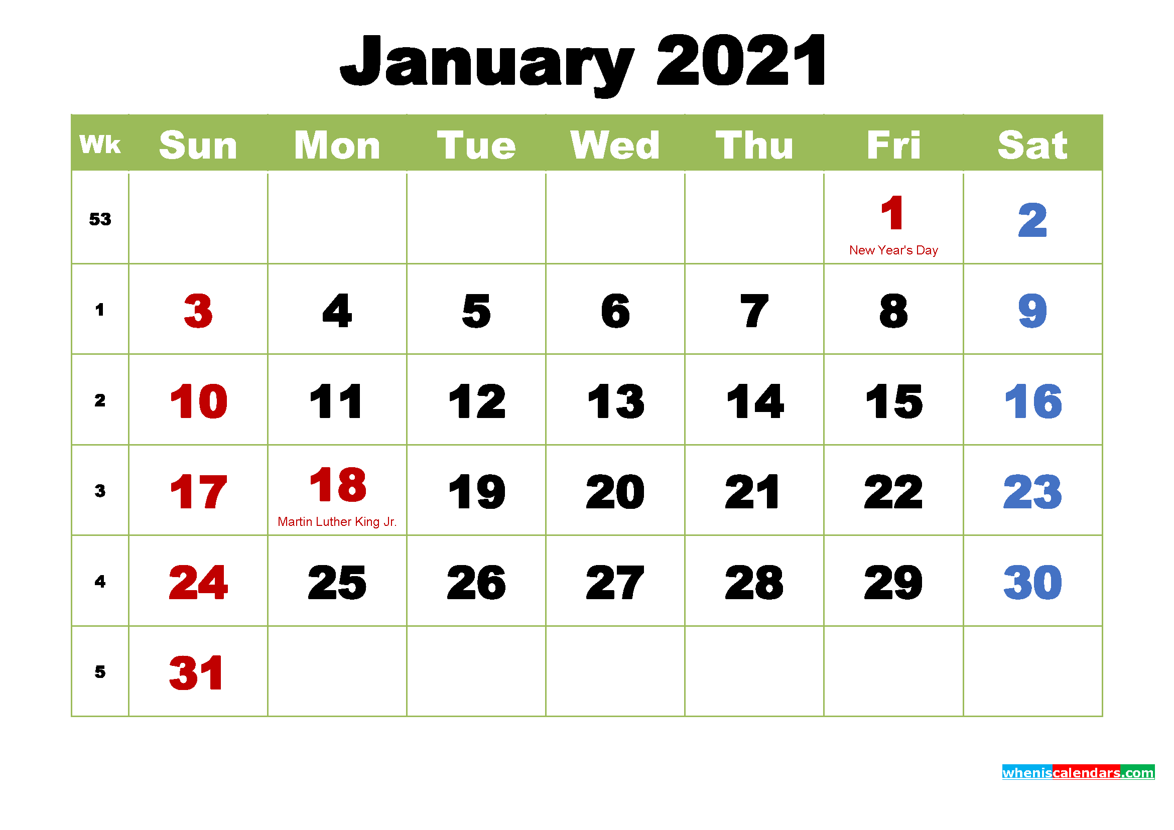 Download January 2021 Free Printable Calendar 2021 PNG
