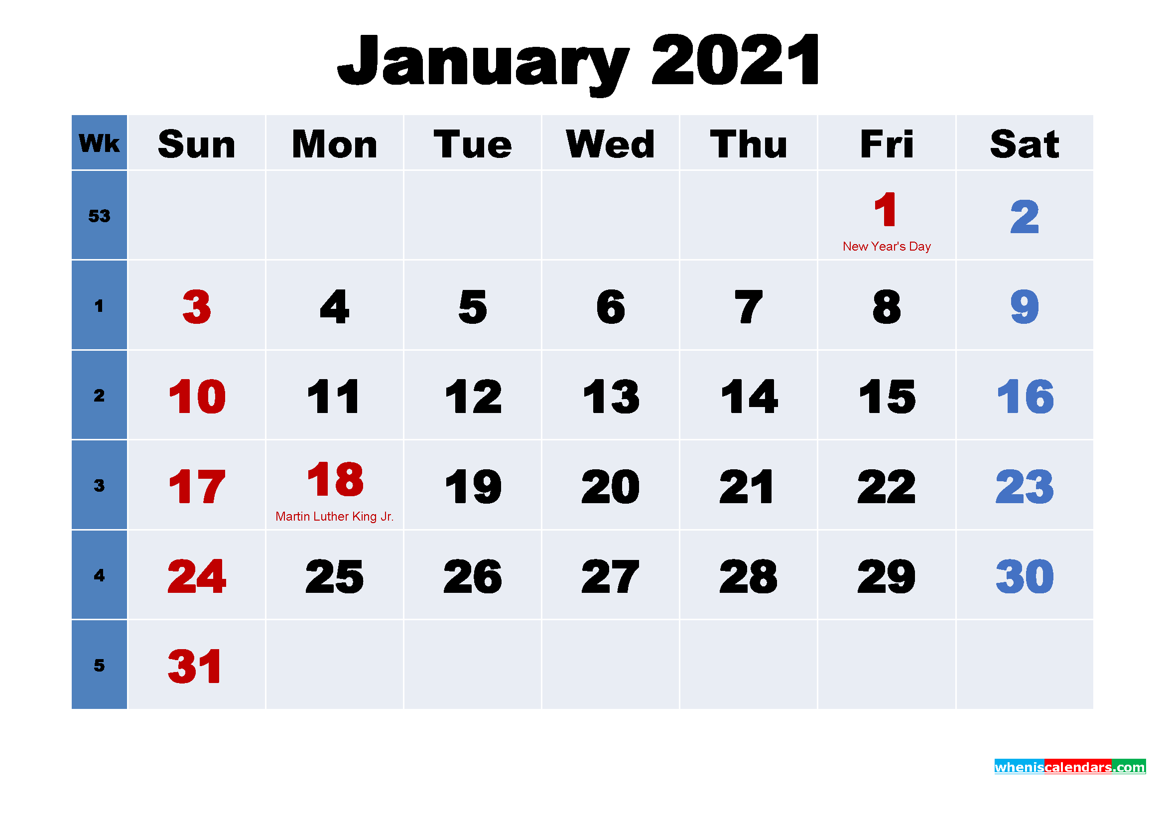 Printable Calendar for January 2021