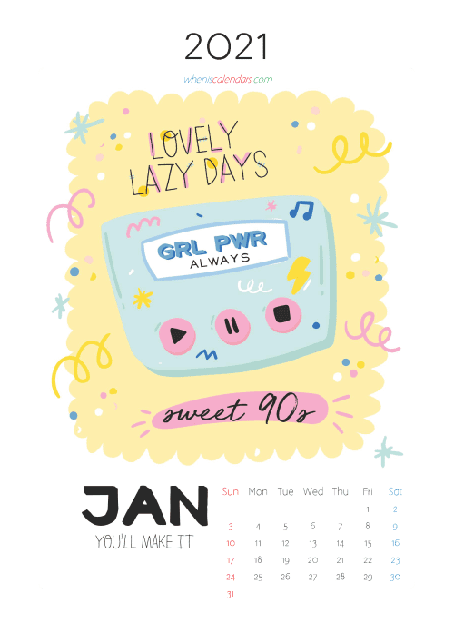 Free Printable January 2021 Calendar Cute for Kids