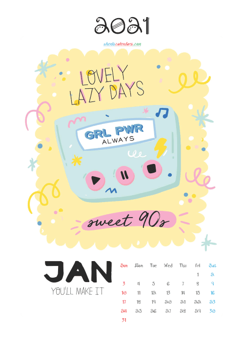 Free Printable January 2021 Calendar Cute for Kids