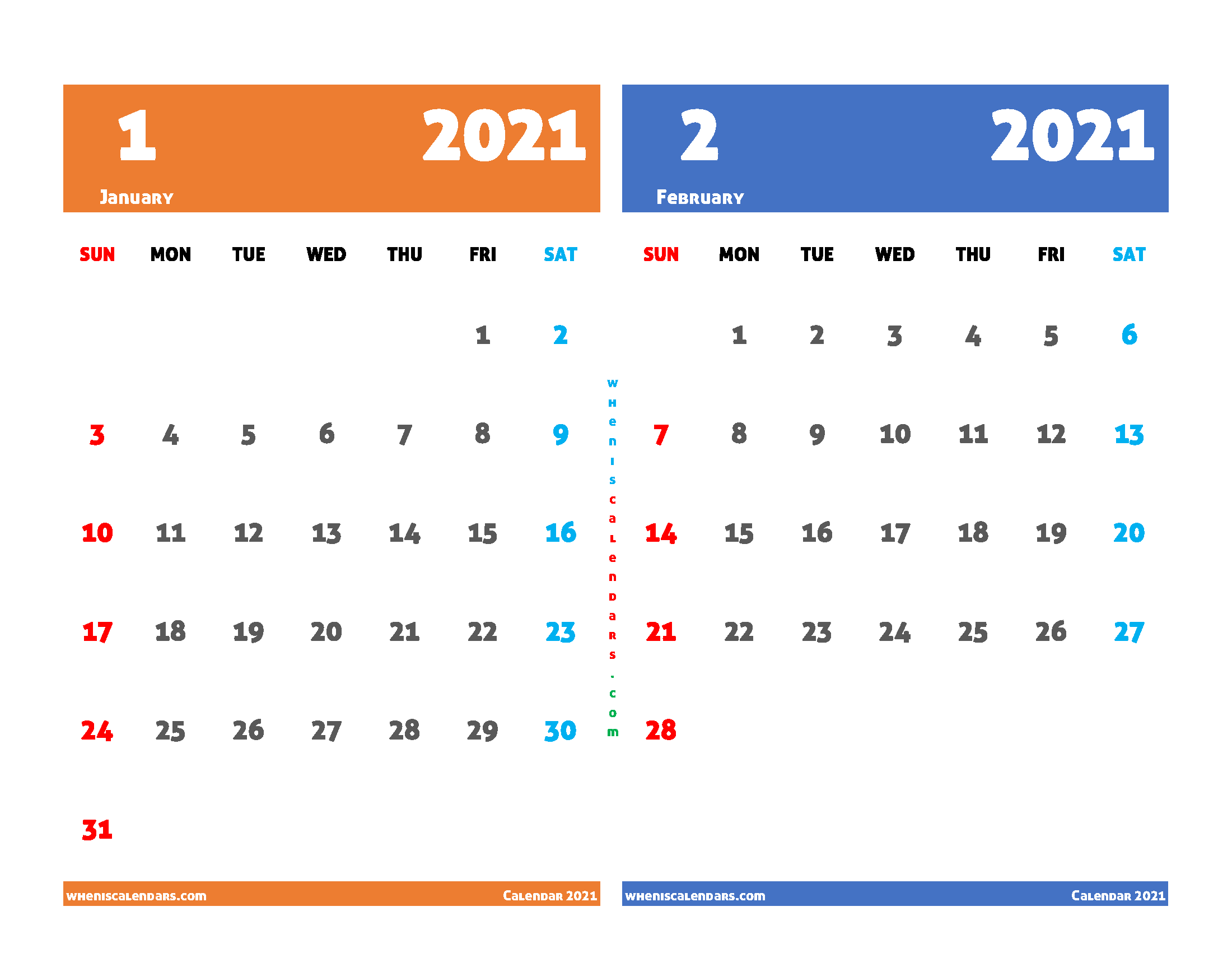 January and February 2021 Calendar Printable Free