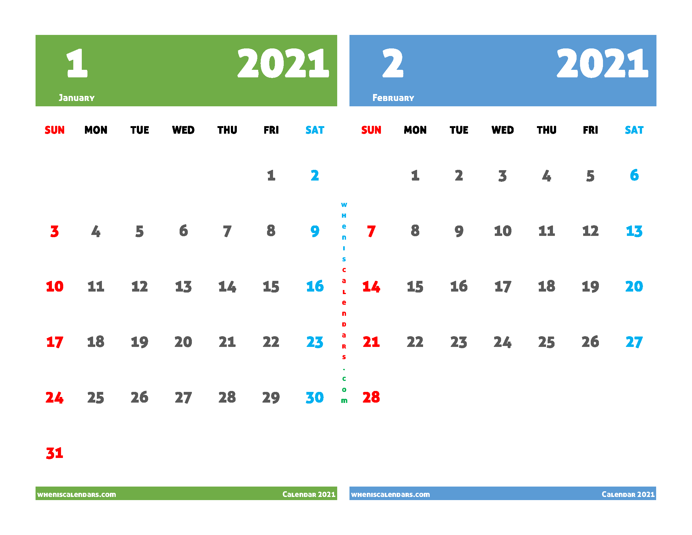 Printable Calendar 2021 January and February
