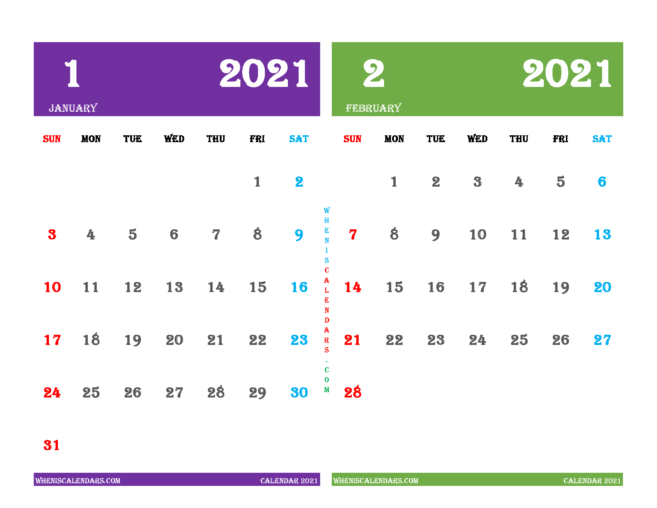 Printable Calendar 2021 January and February