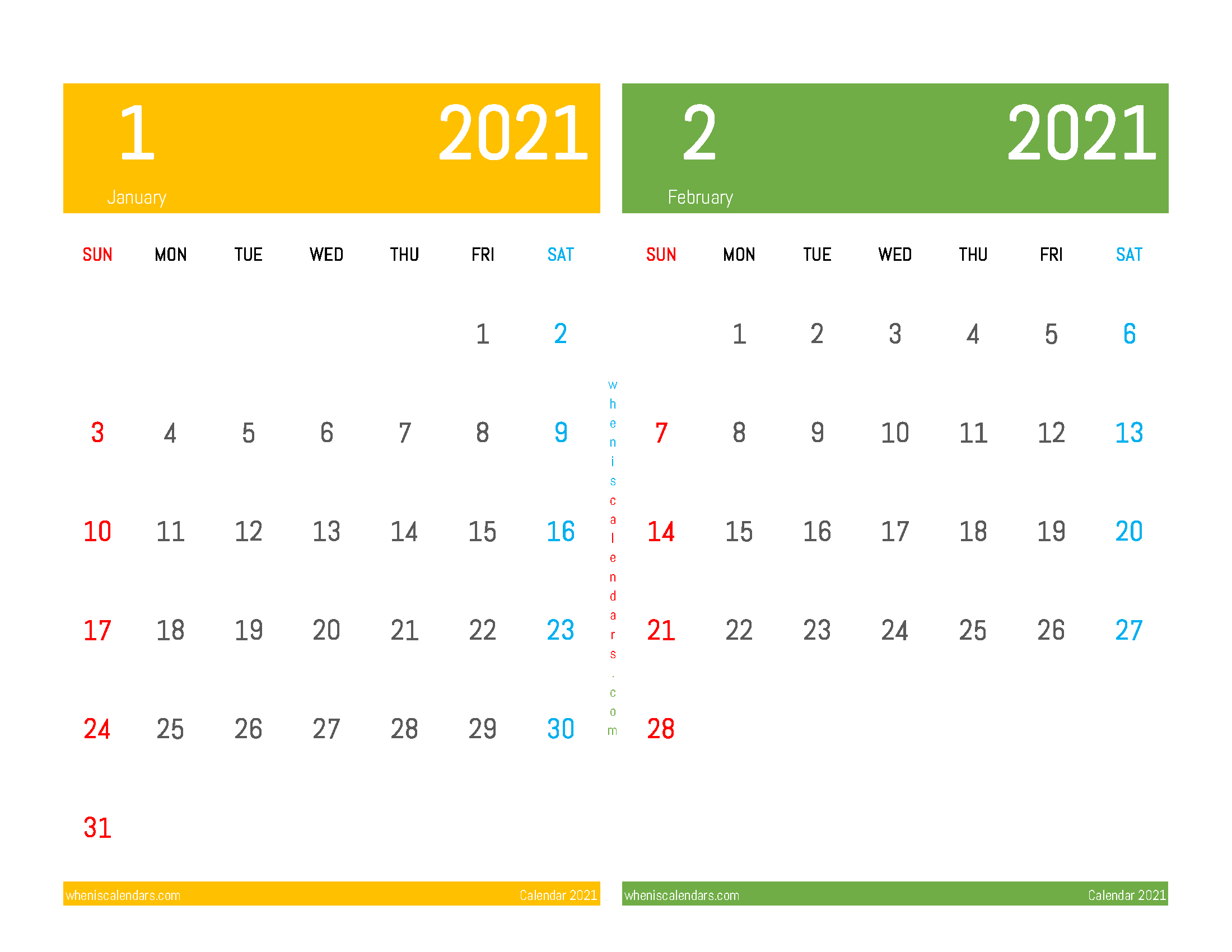 January February 2021 Calendar Printable Free