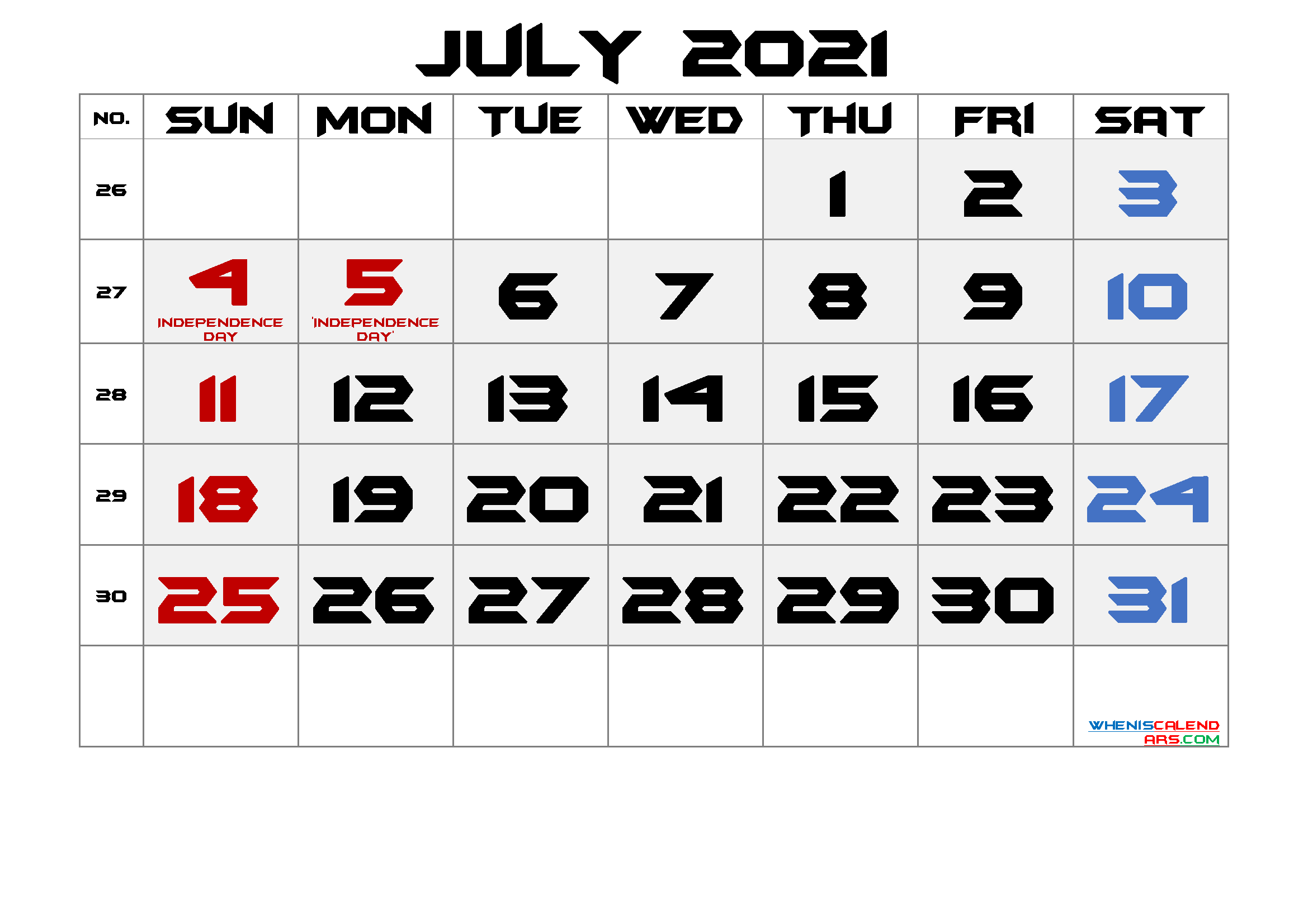 Printable Calendar July 2021 Free