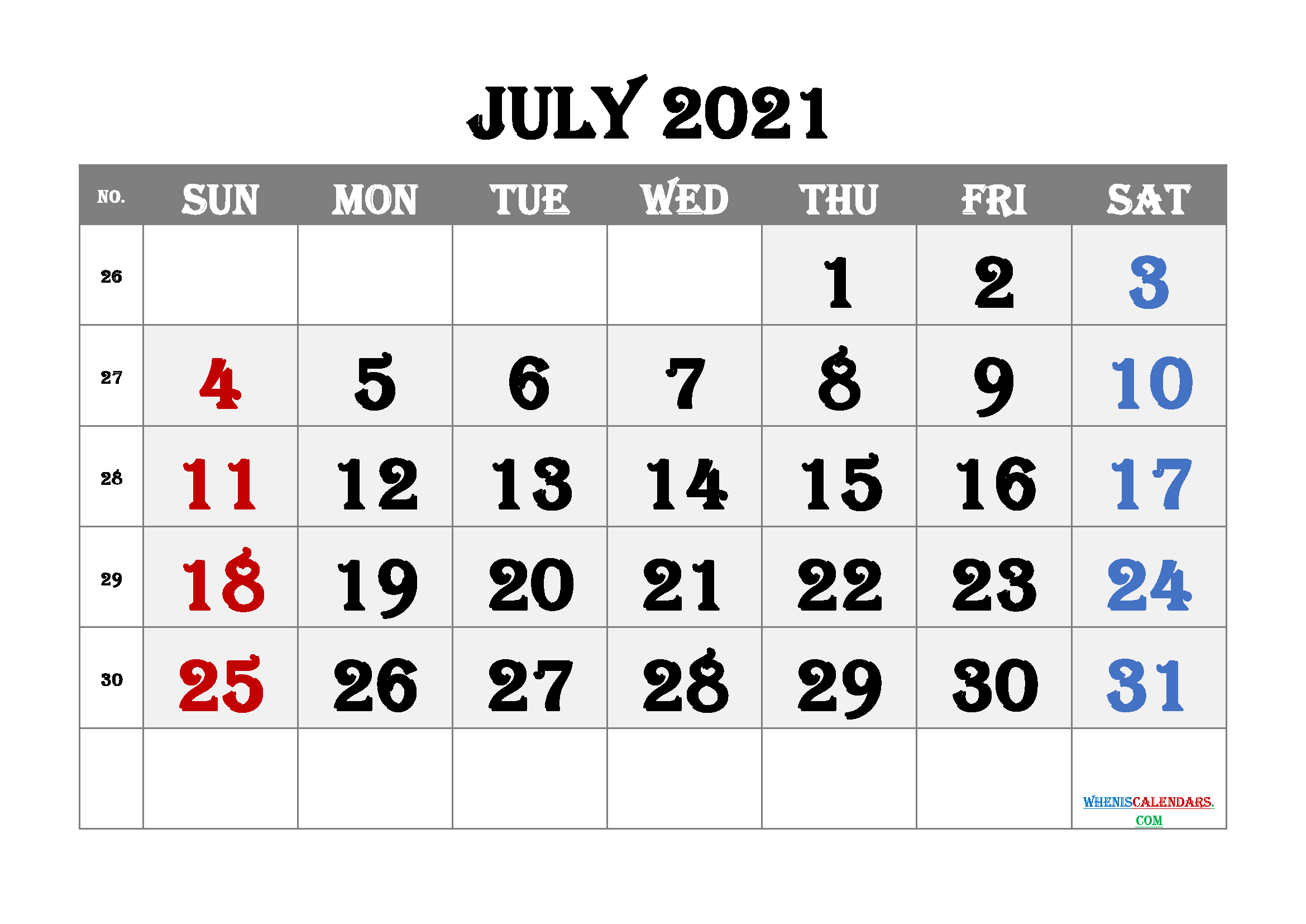 Printable Calendar July 2021 Free