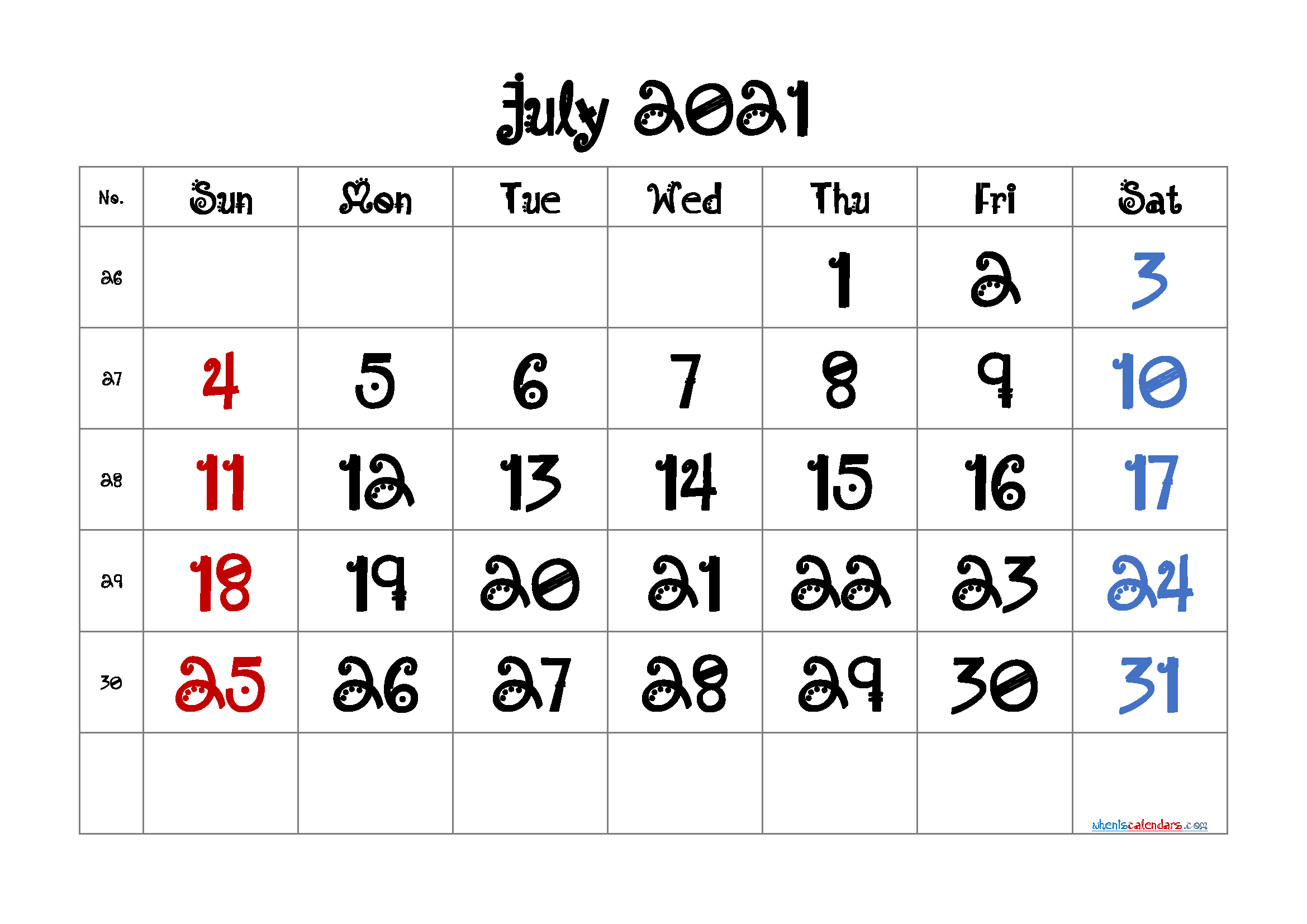 Free Printable Calendar July 2021