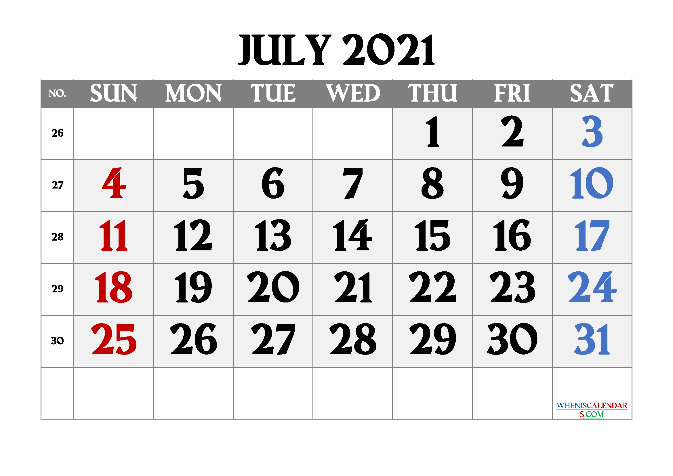 Printable July 2021 Calendar Free
