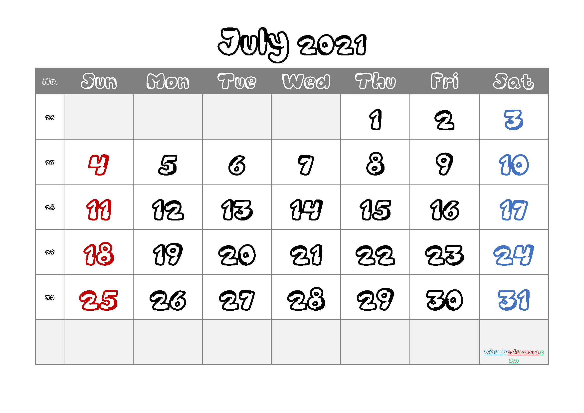free printable july 2021 calendar with week numbers