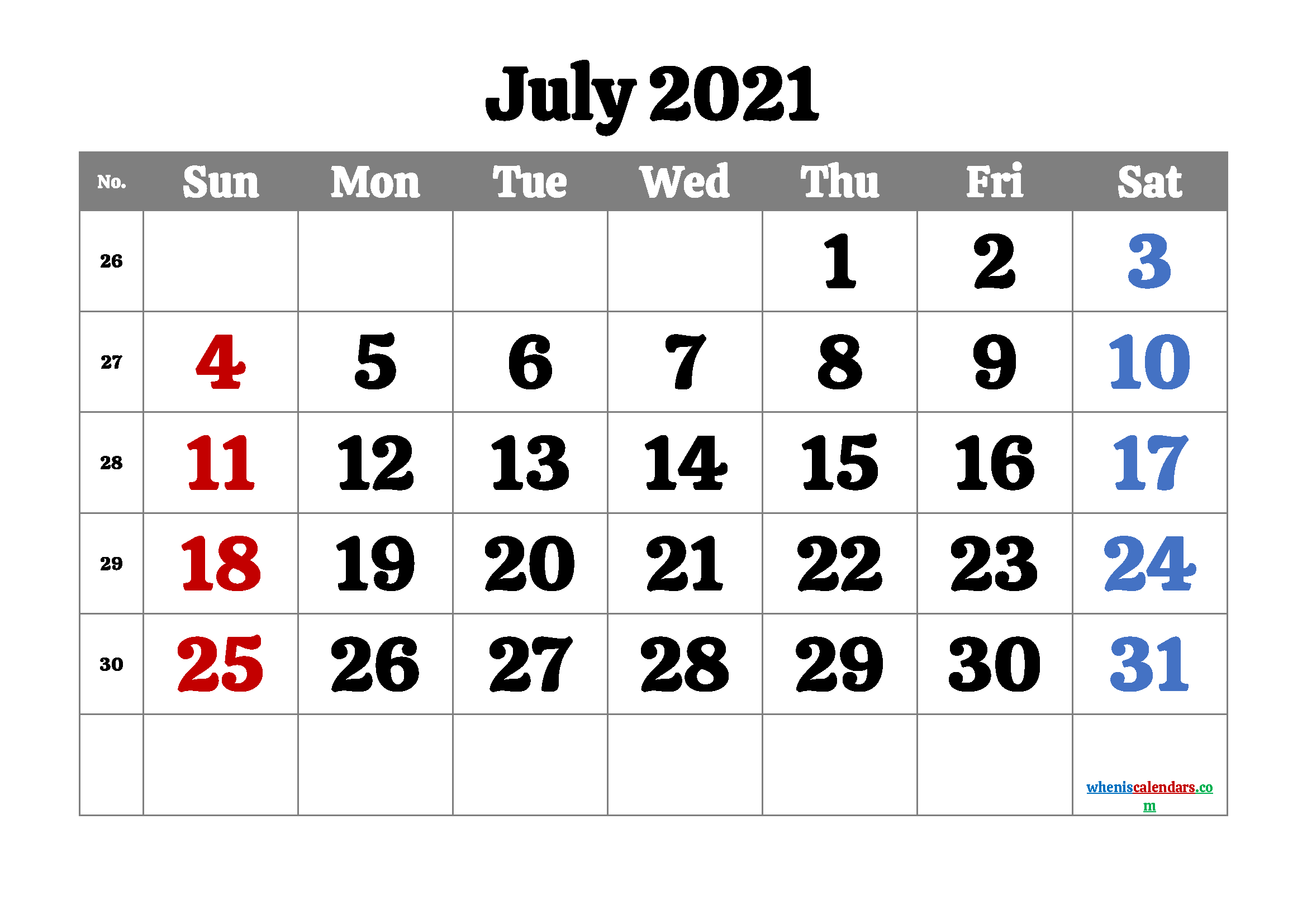 July 2021 Printable Calendar Free