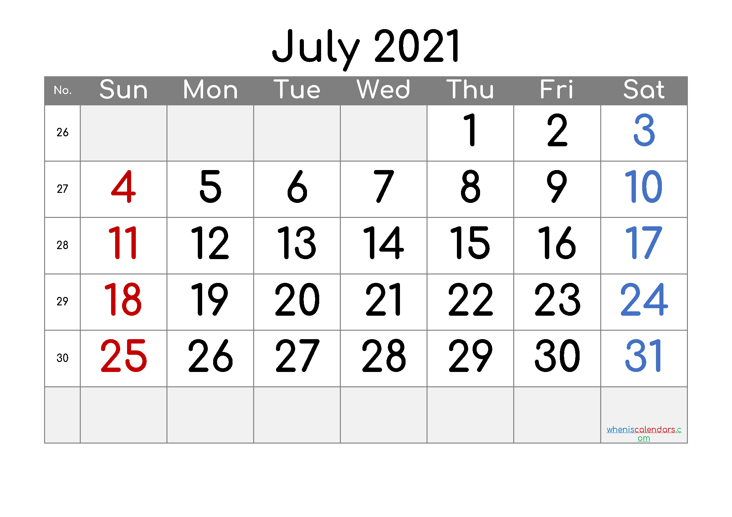 July 2021 Calendar Free Printable