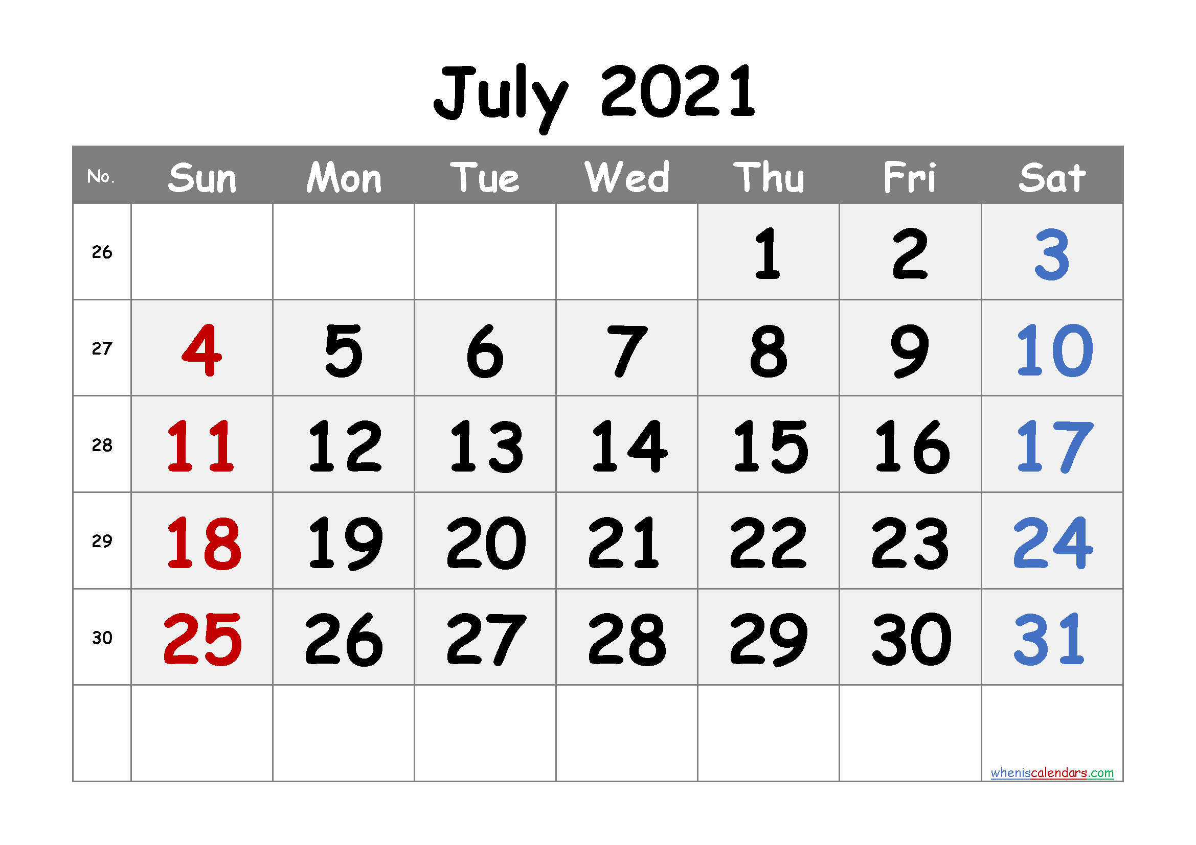 Printable July 2021 Calendar Free