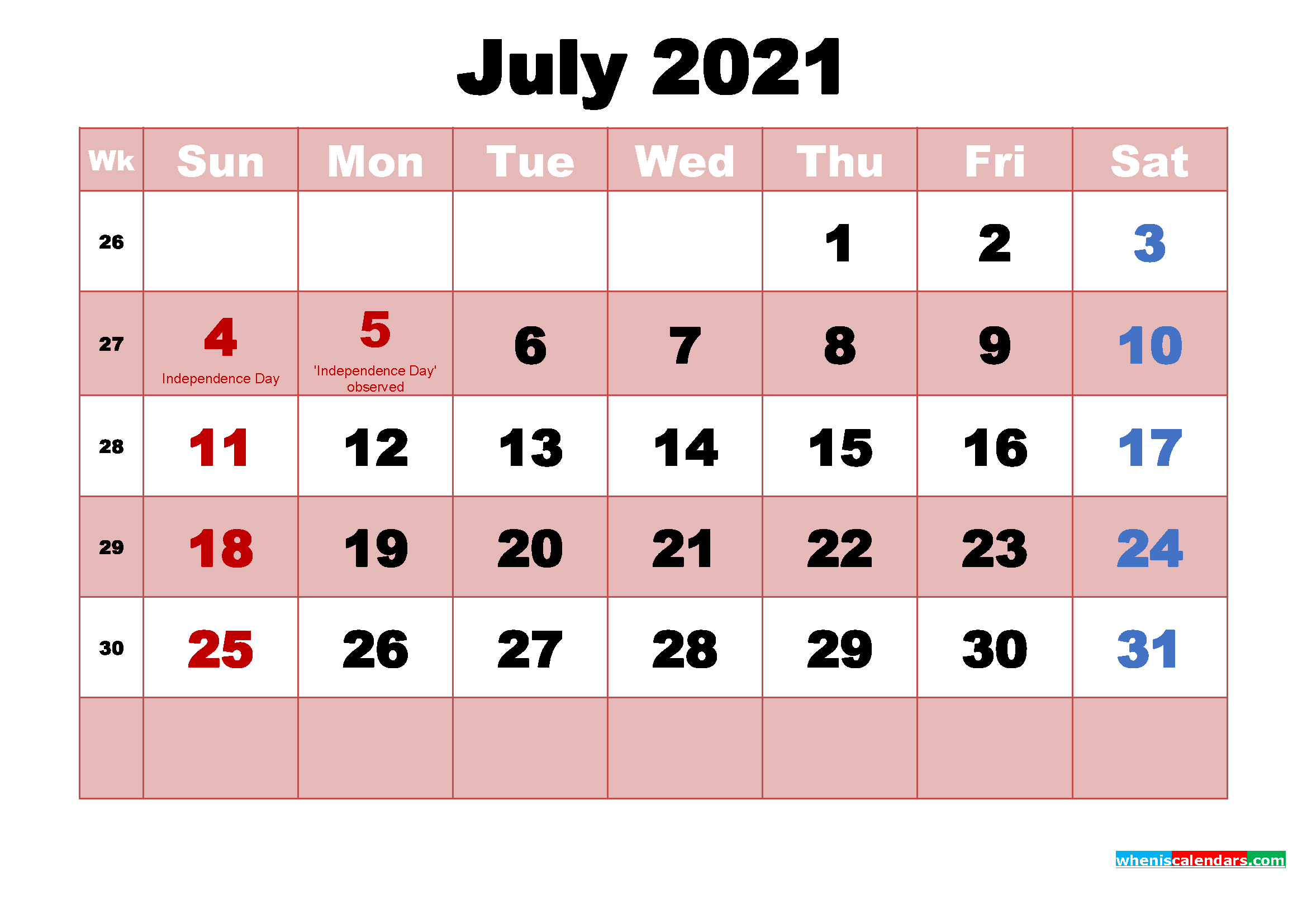 free printable july 2021 calendar with holidays