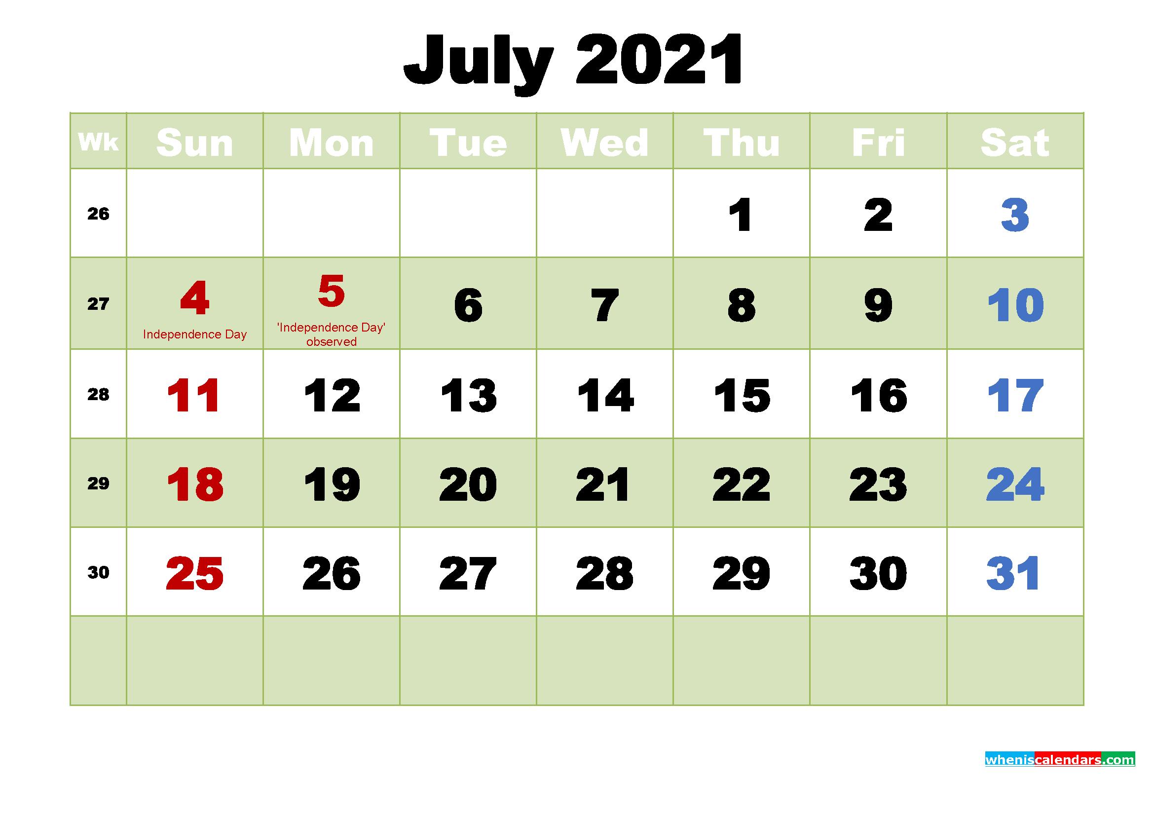 free printable calendar for july 2021
