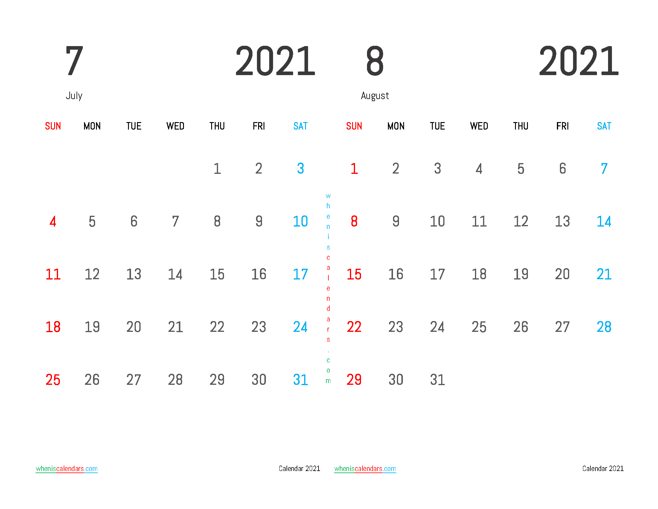 Printable Calendar July August 2021