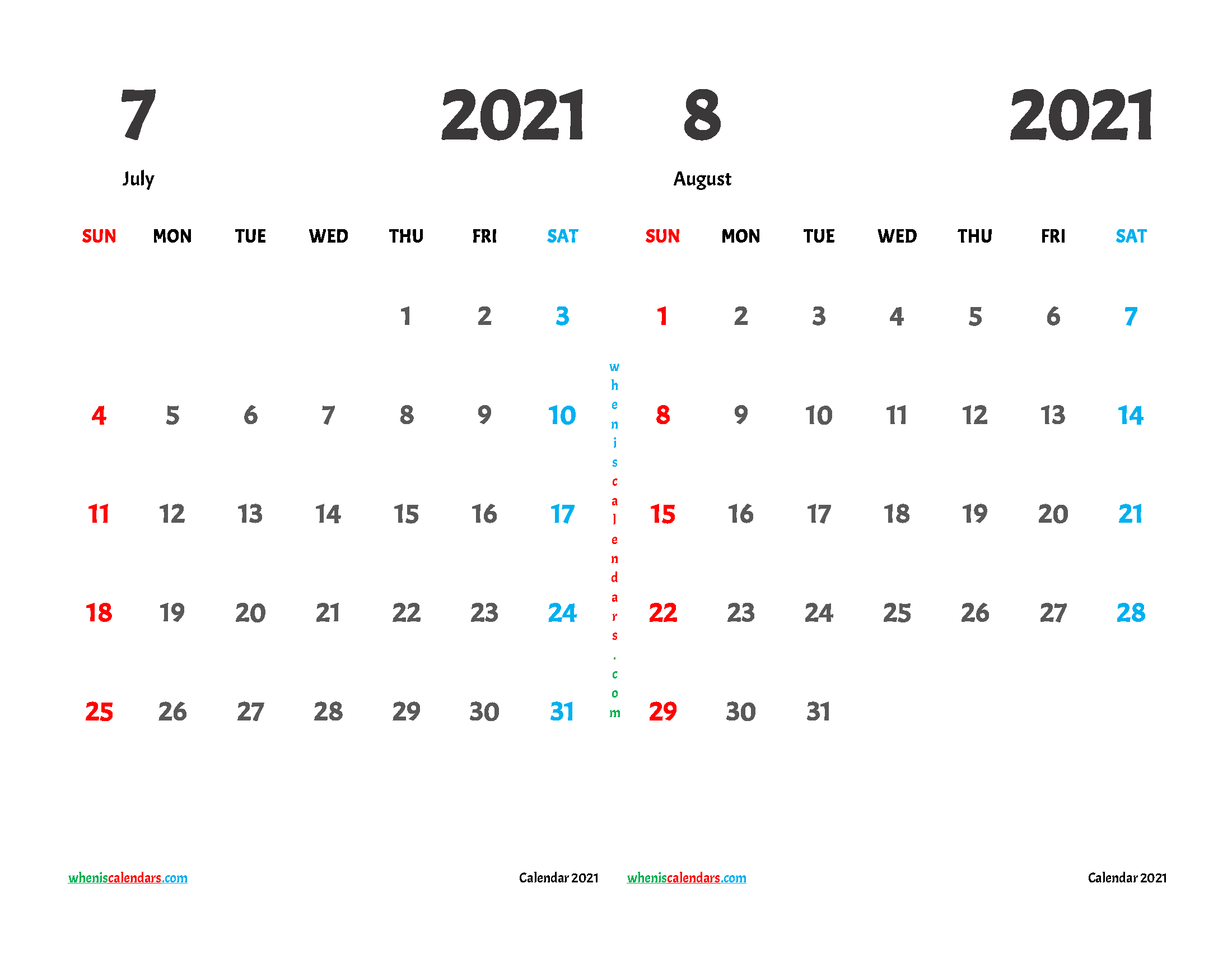 Printable Calendar 2021 July August