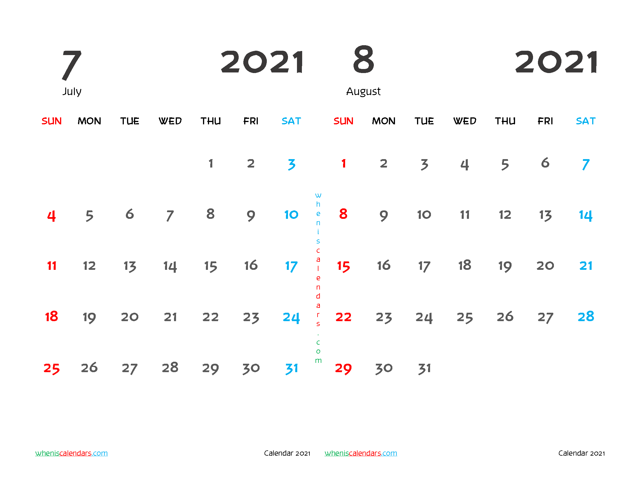 Free July and August 2021 Printable Calendar