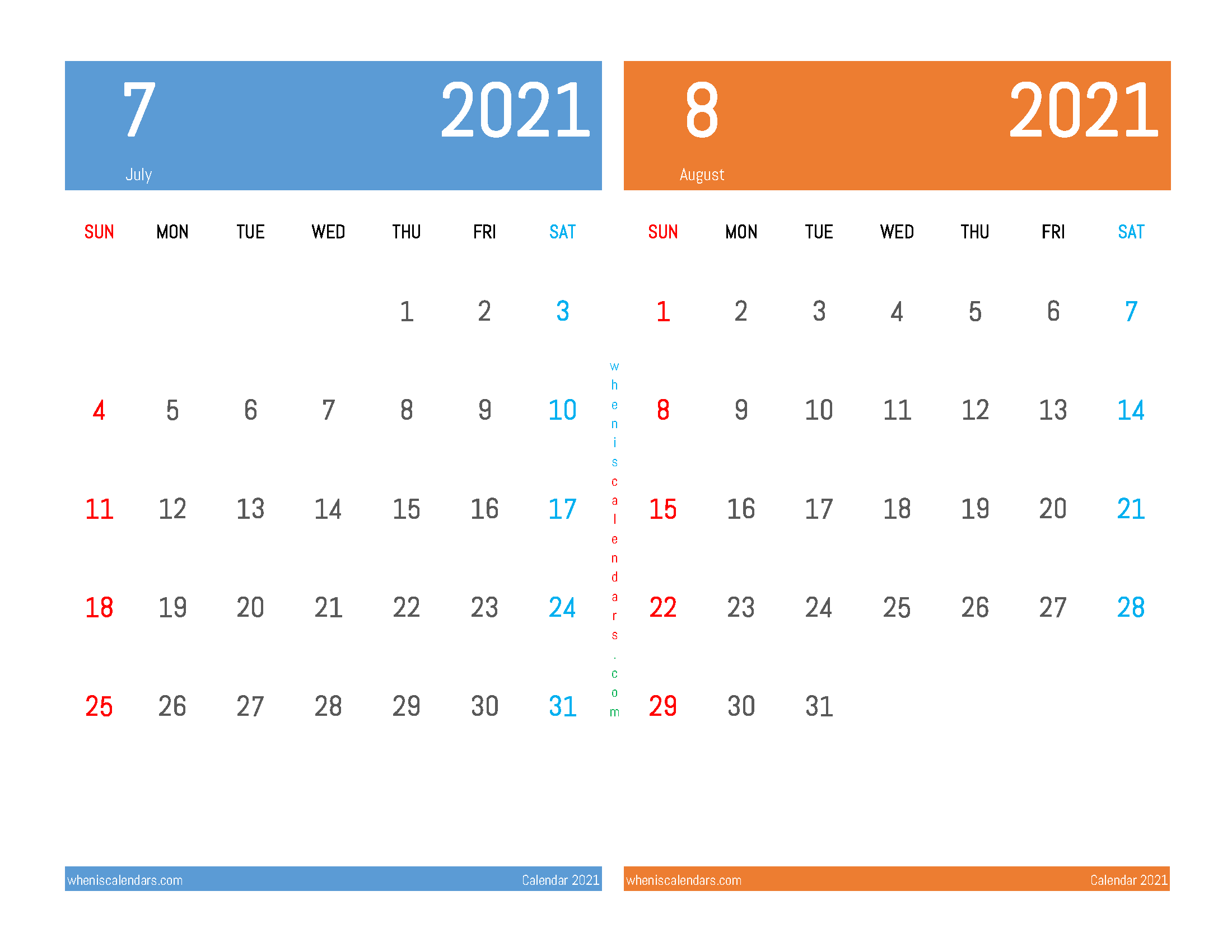 Printable Calendar 2021 July August
