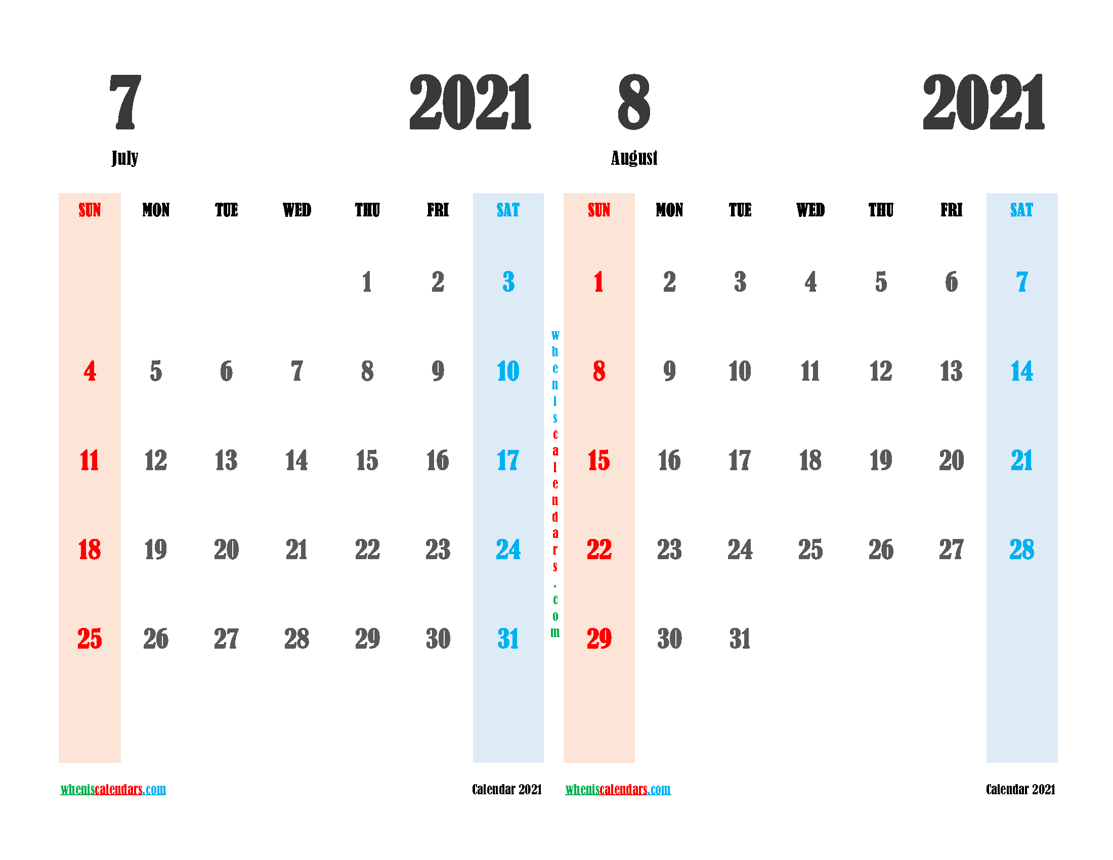Printable Calendar July August 2021