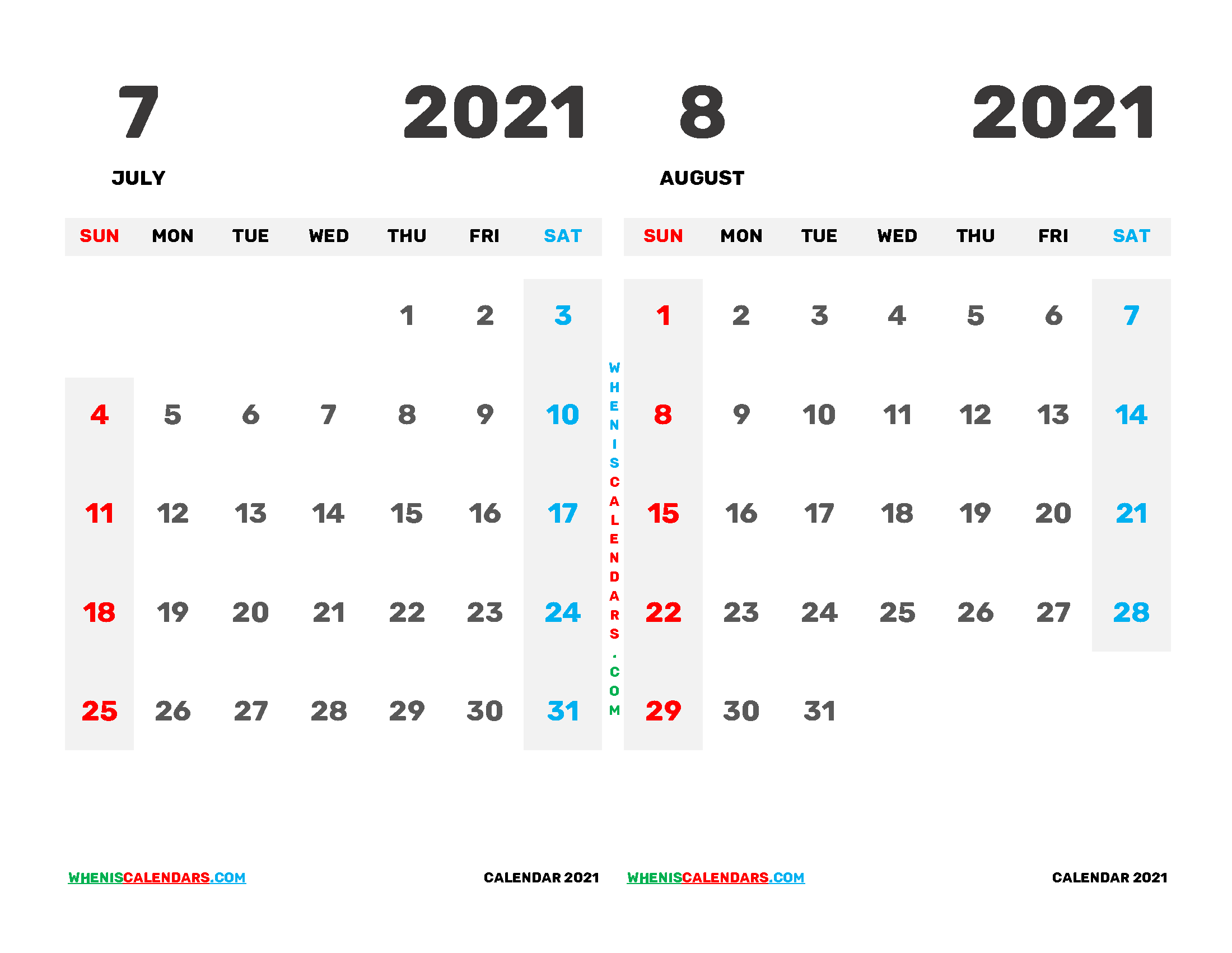 Free July August 2021 Printable Calendar
