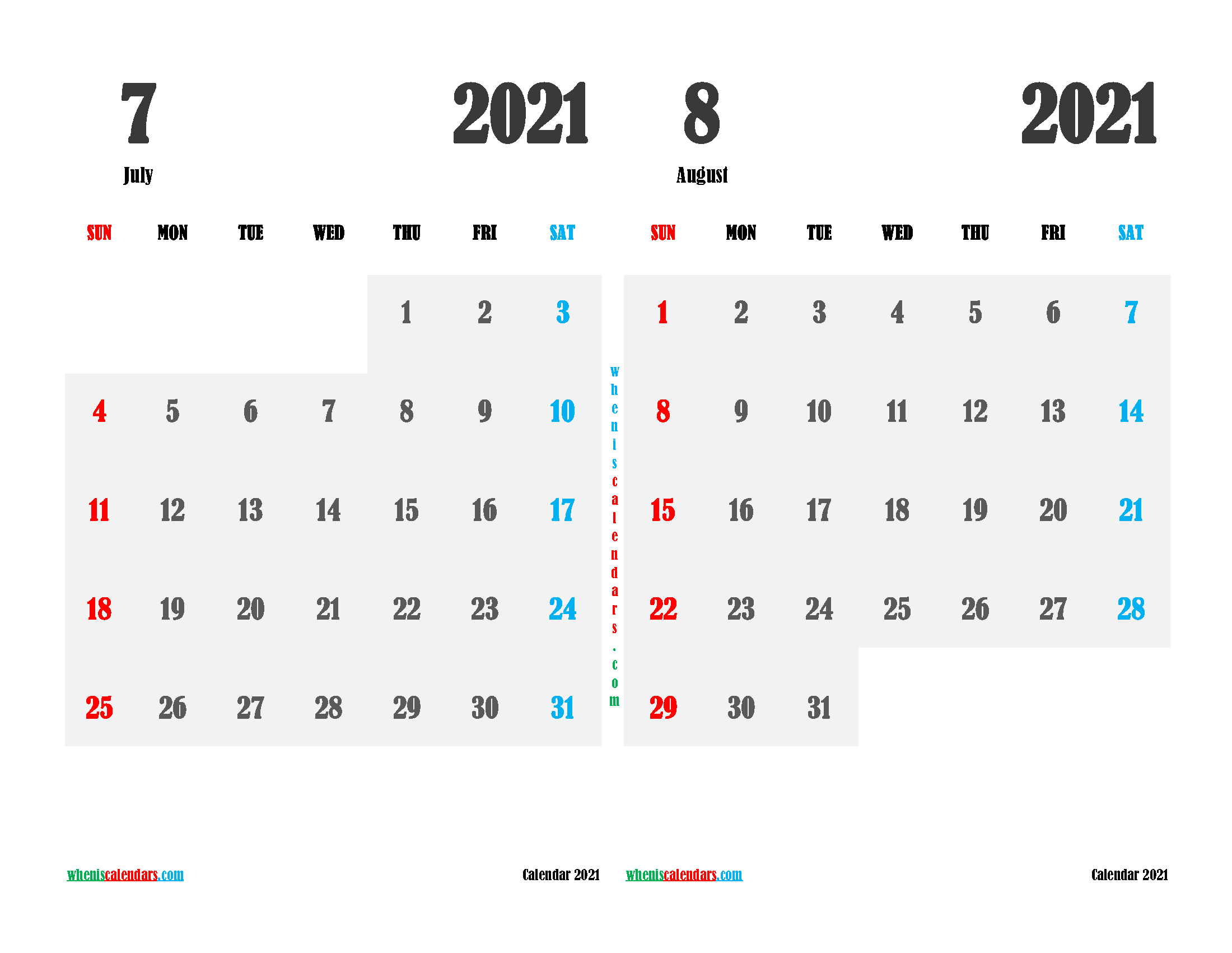 Free July August 2021 Calendar Printable