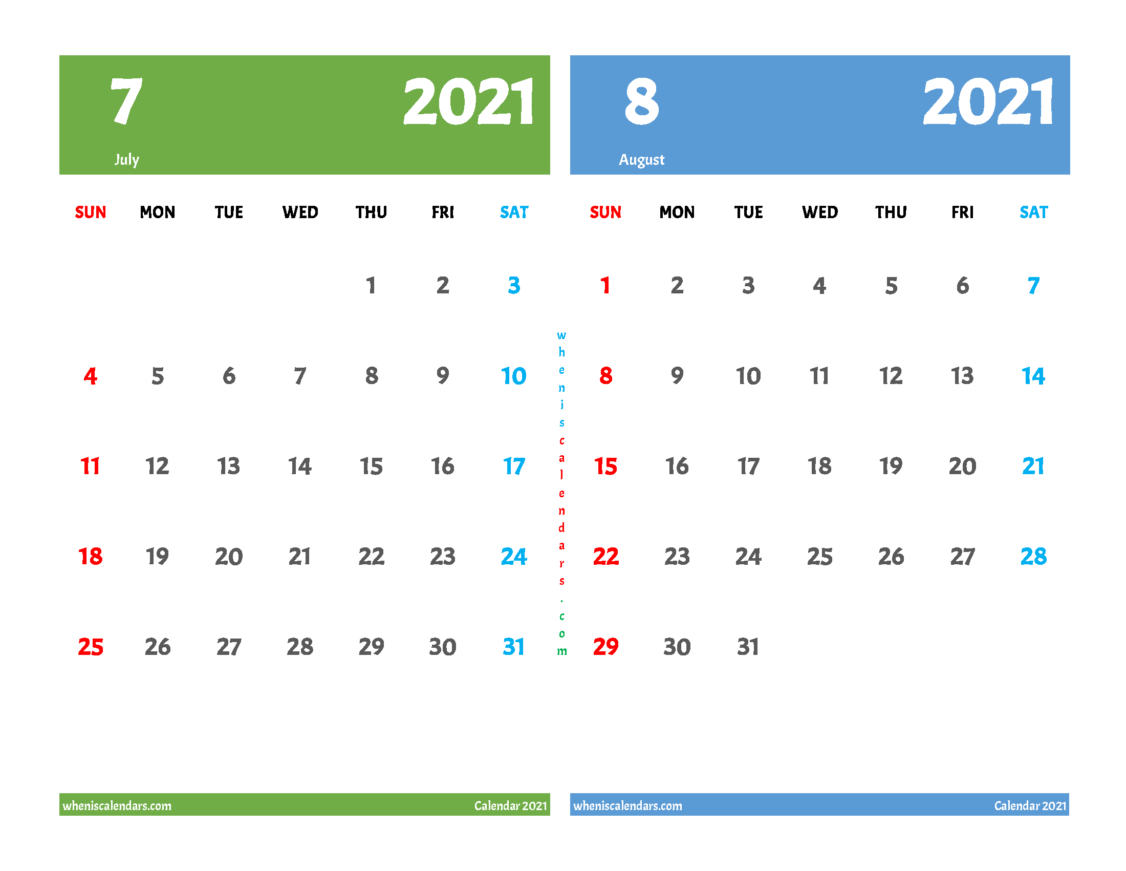 Printable Calendar July and August 2021