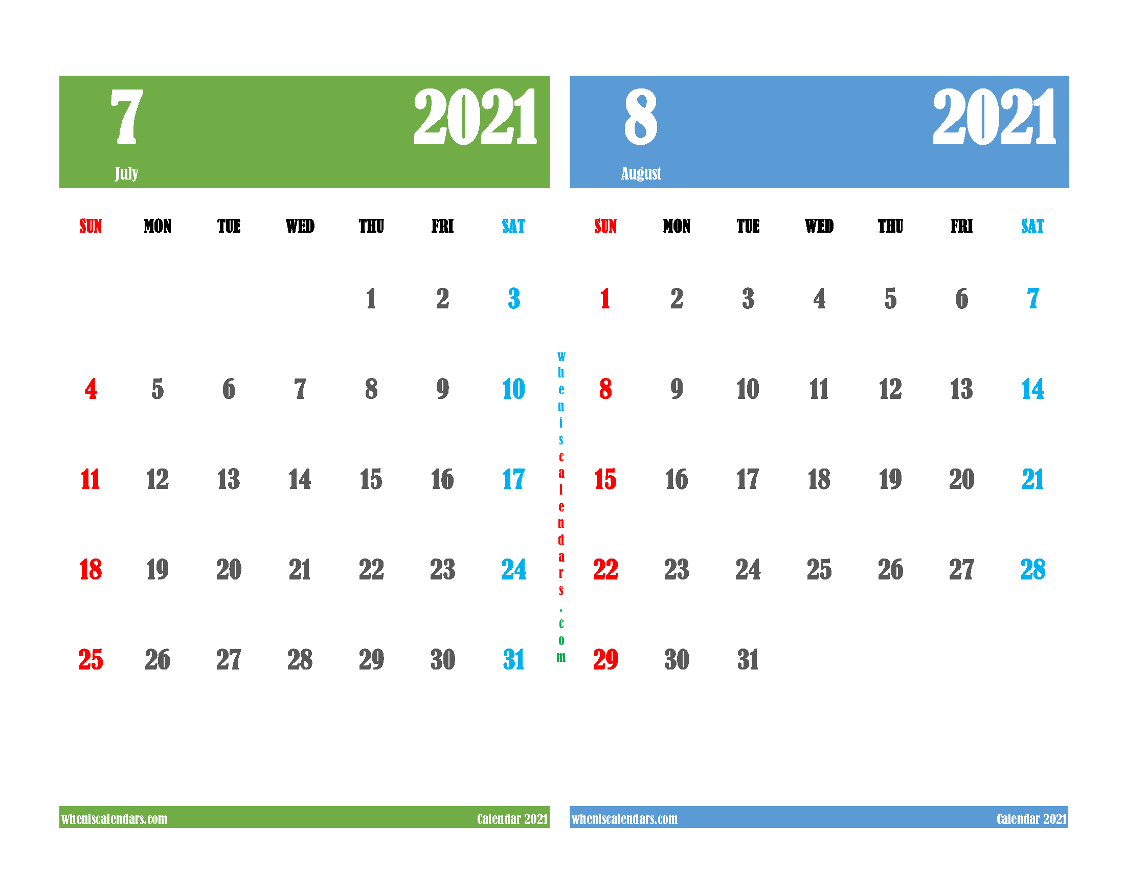 July August 2021 Calendar Printable Free