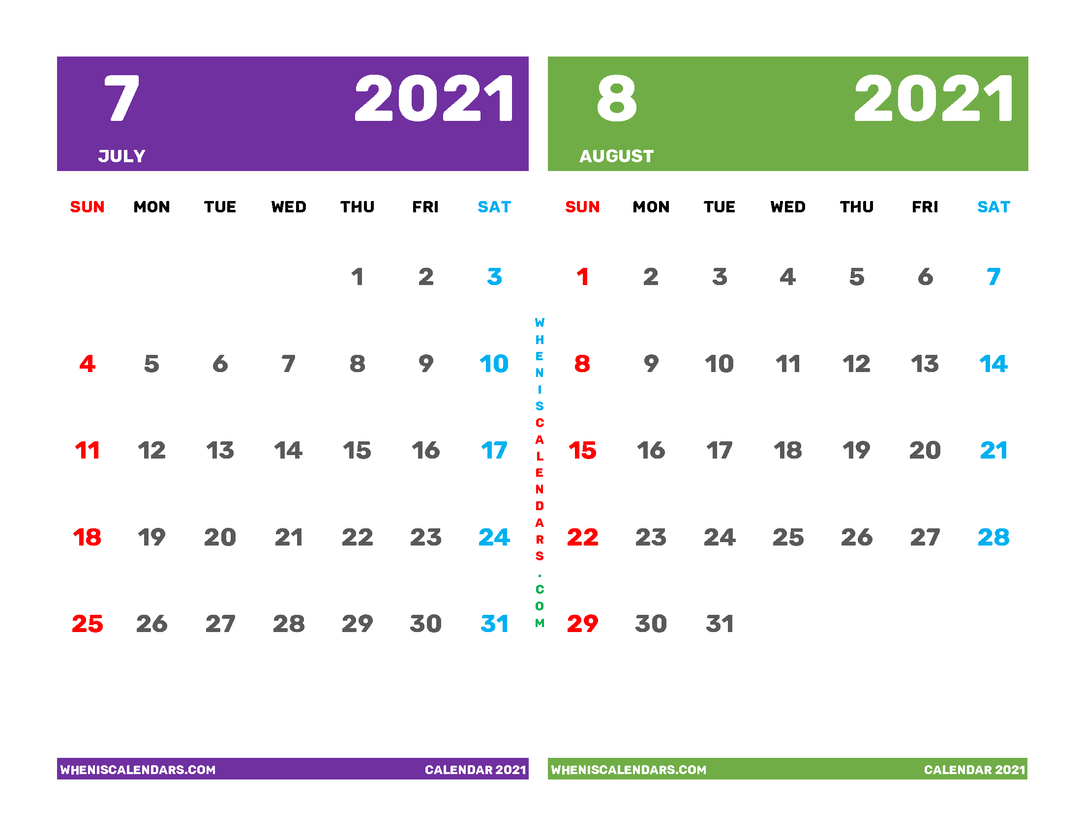 Printable Calendar July and August 2021