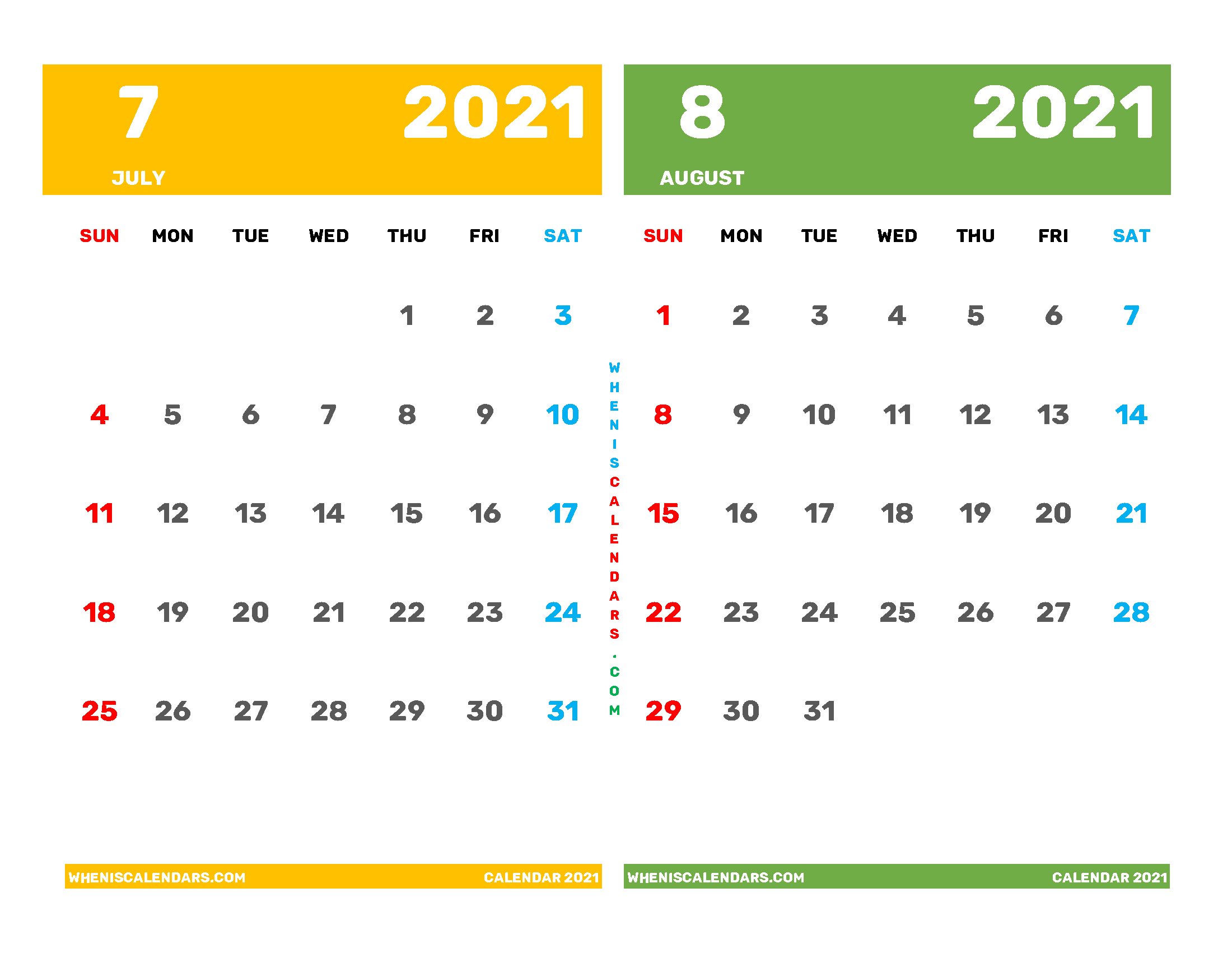 Printable Calendar 2021 July and August