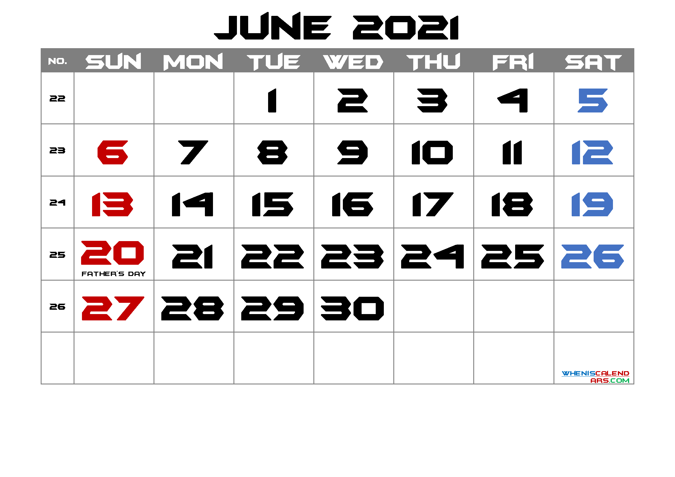 June 2021 Printable Calendar Free