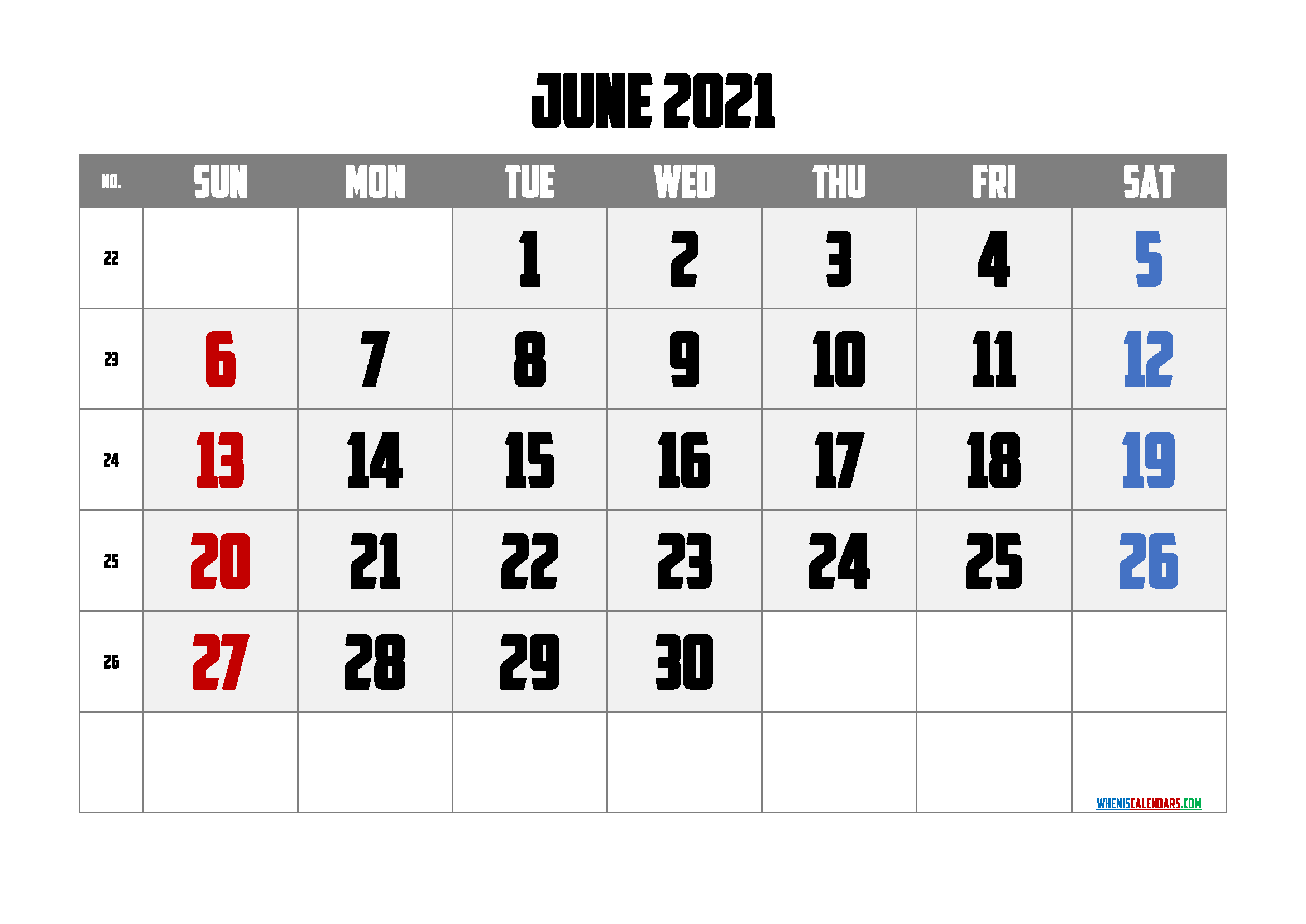 Free Printable June 2021 Calendar