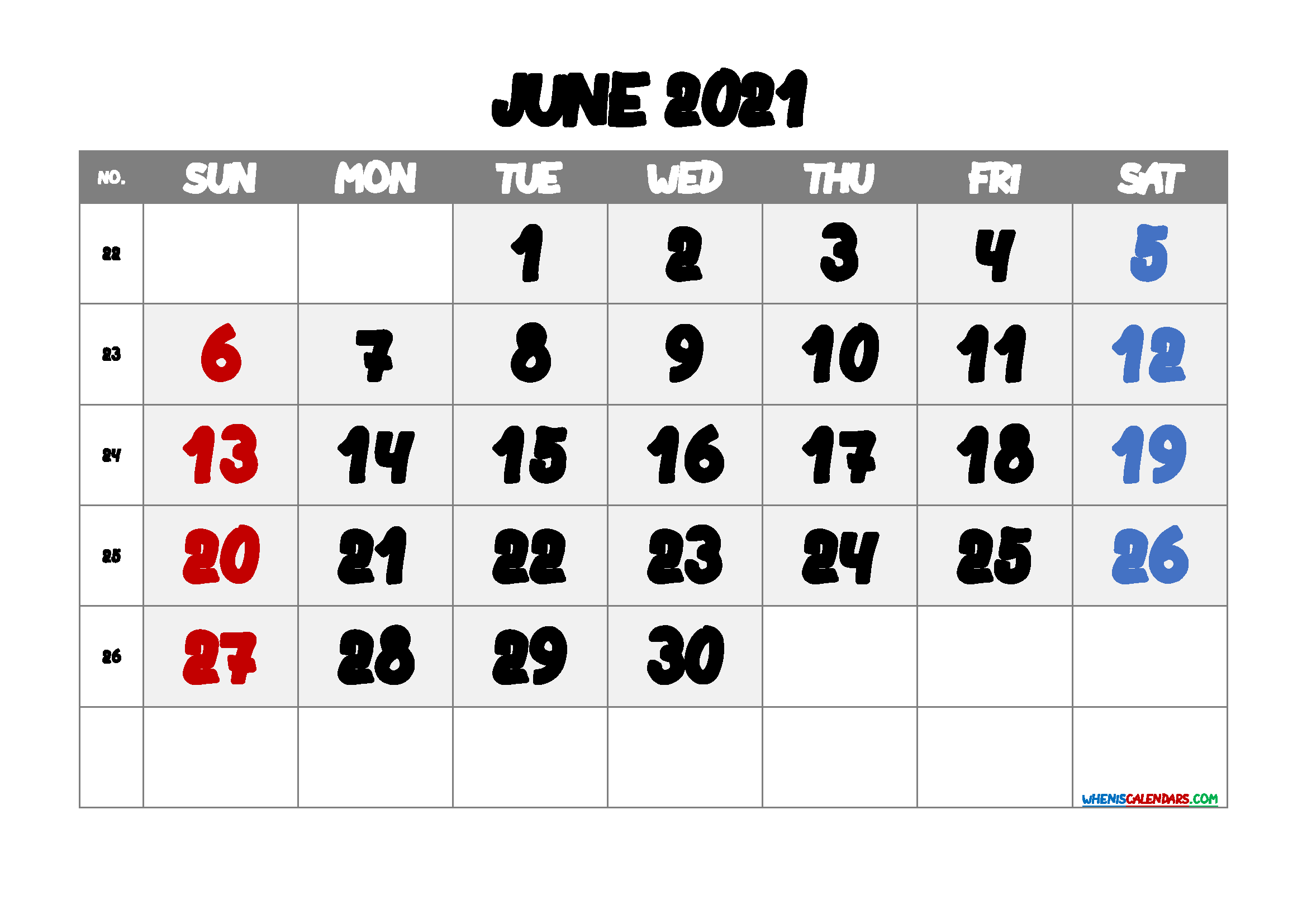 June 2021 Calendar Free Printable