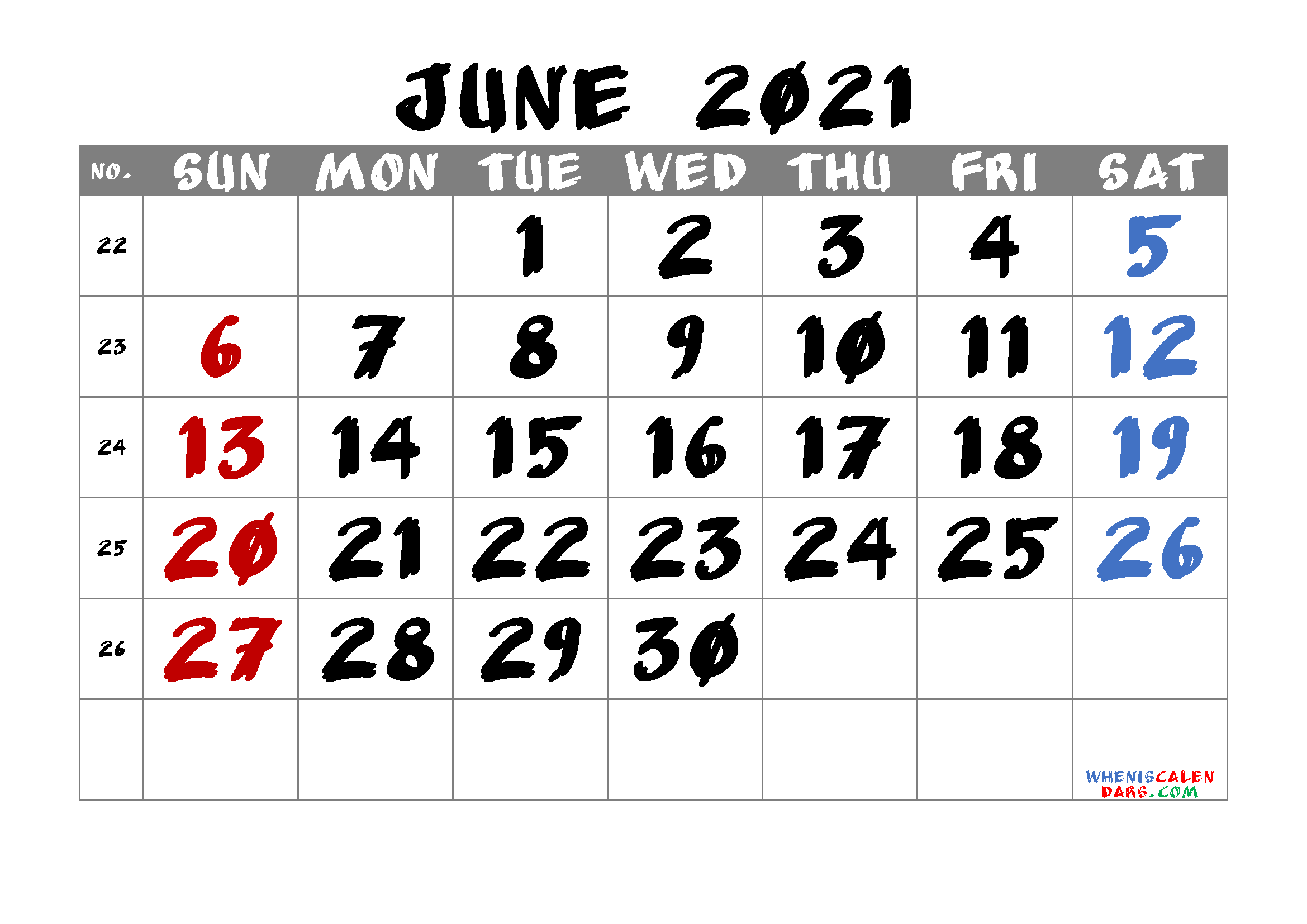 Free Printable Calendar June 2021