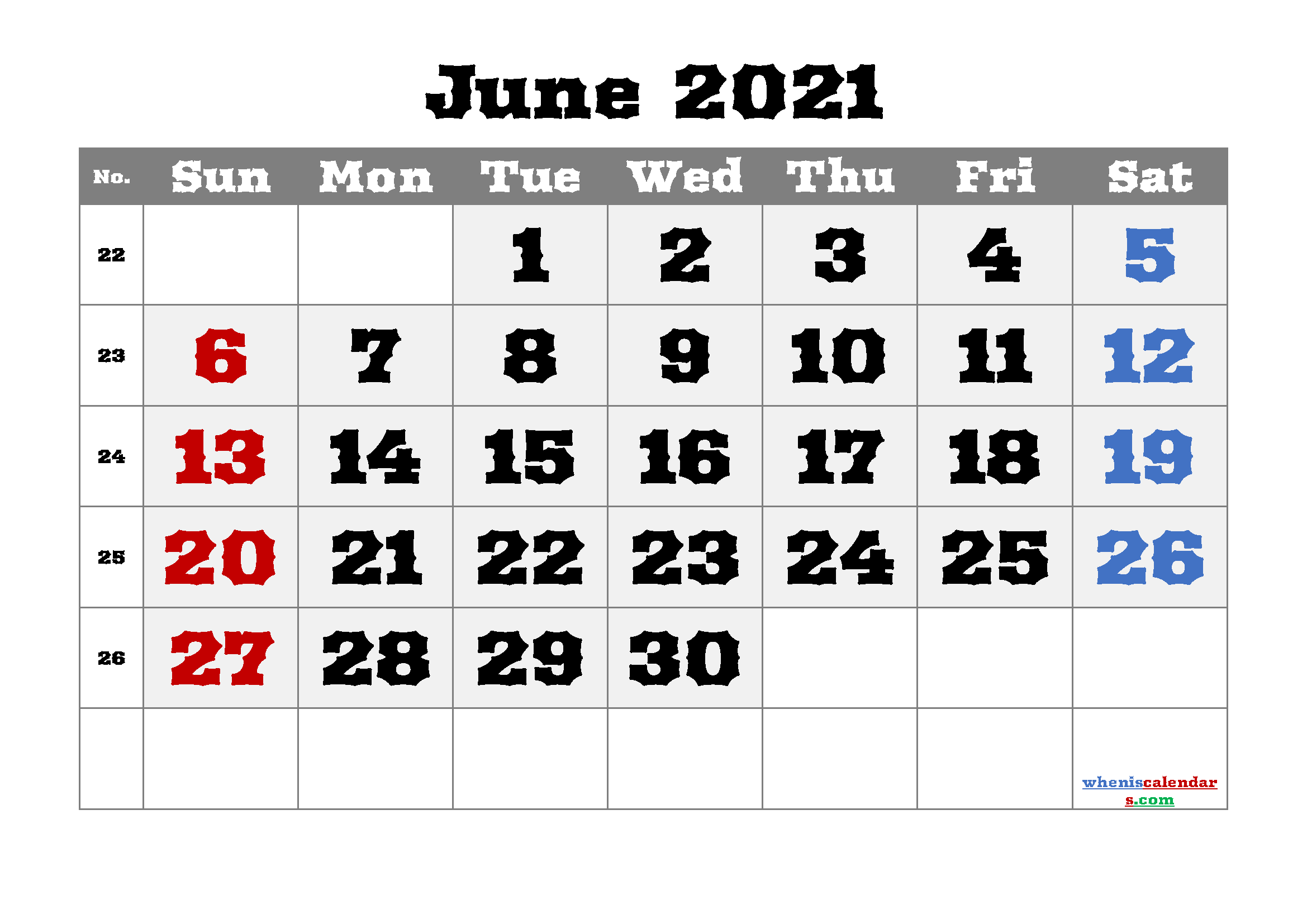 Printable Calendar for June 2021