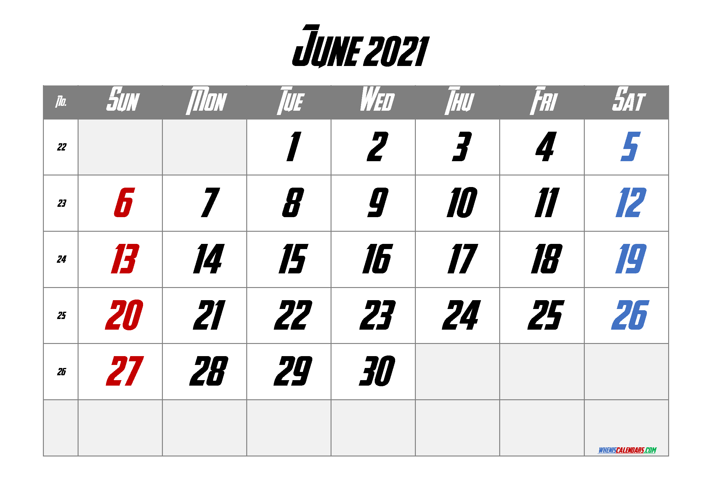 Printable June 2021 Calendar Free
