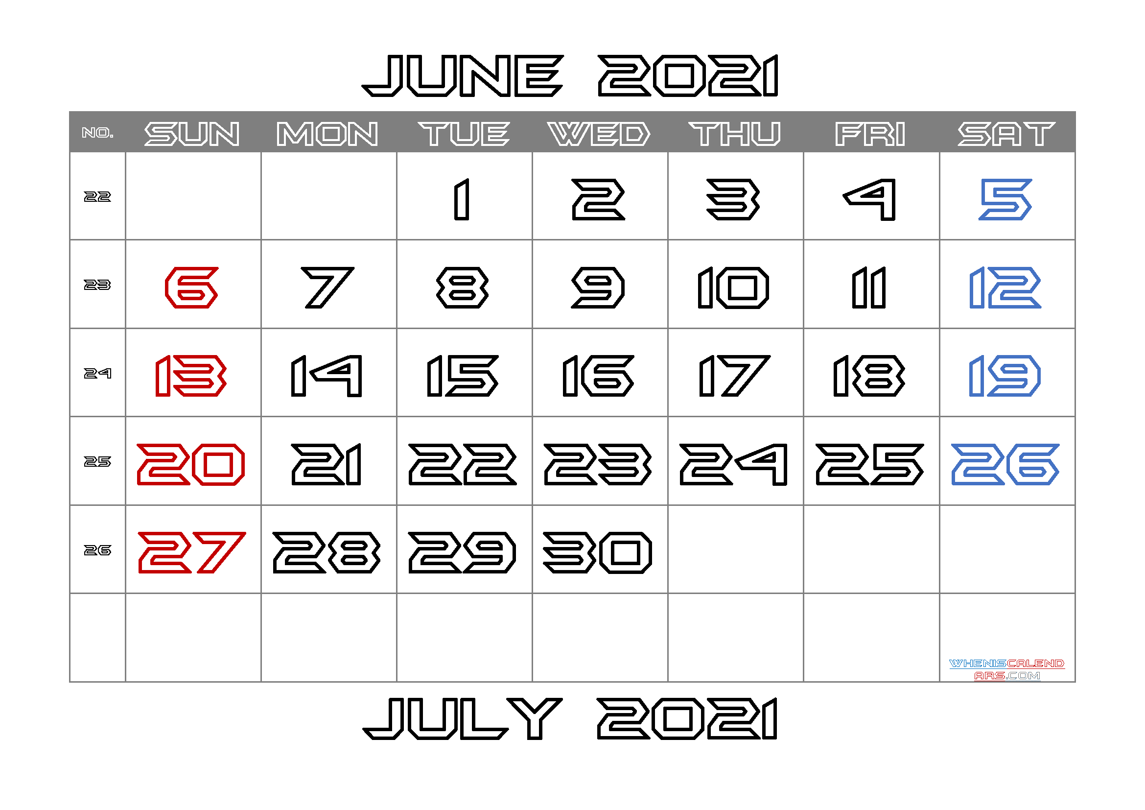 Free Printable June 2021 Calendar