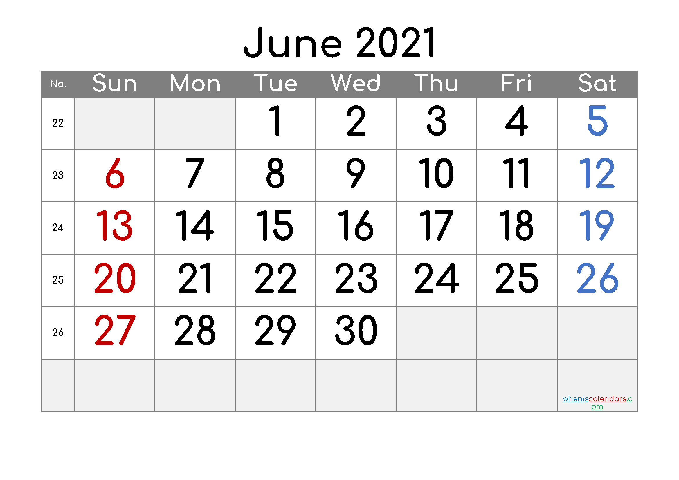 June 2021 Printable Calendar Free