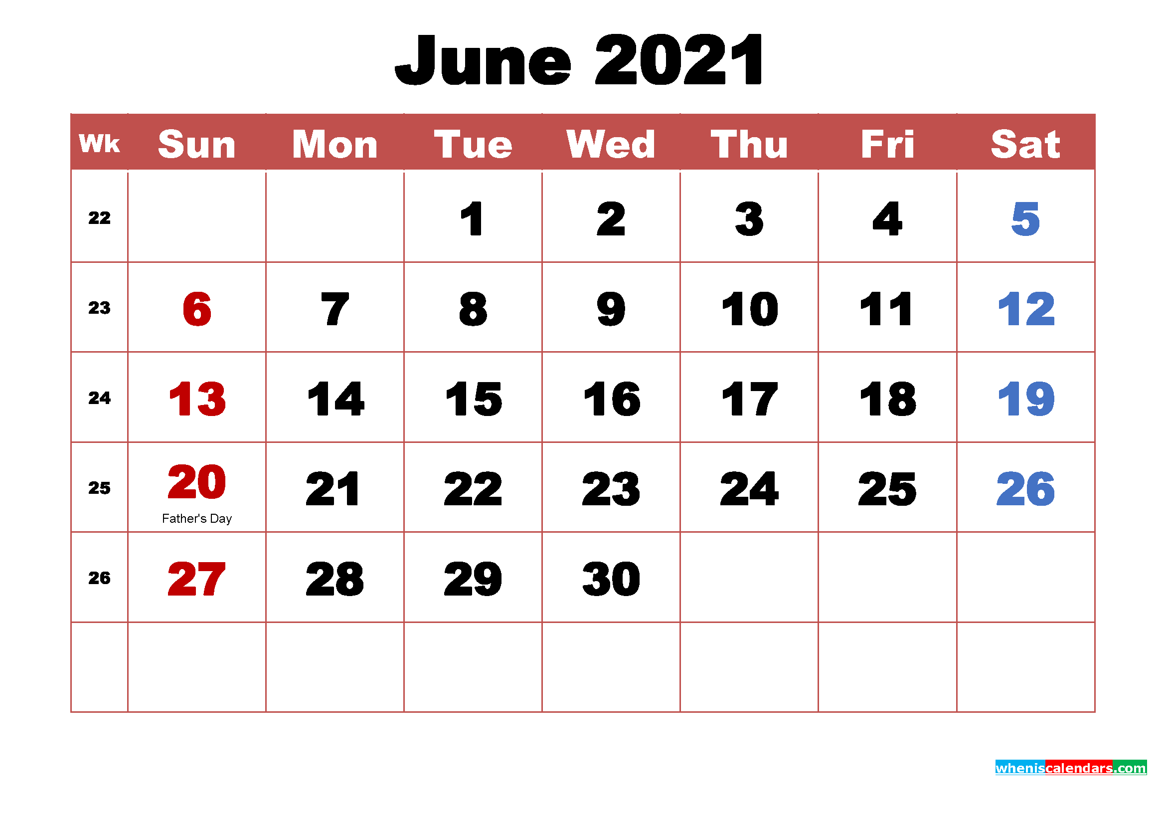 Free Printable June 21 Calendar