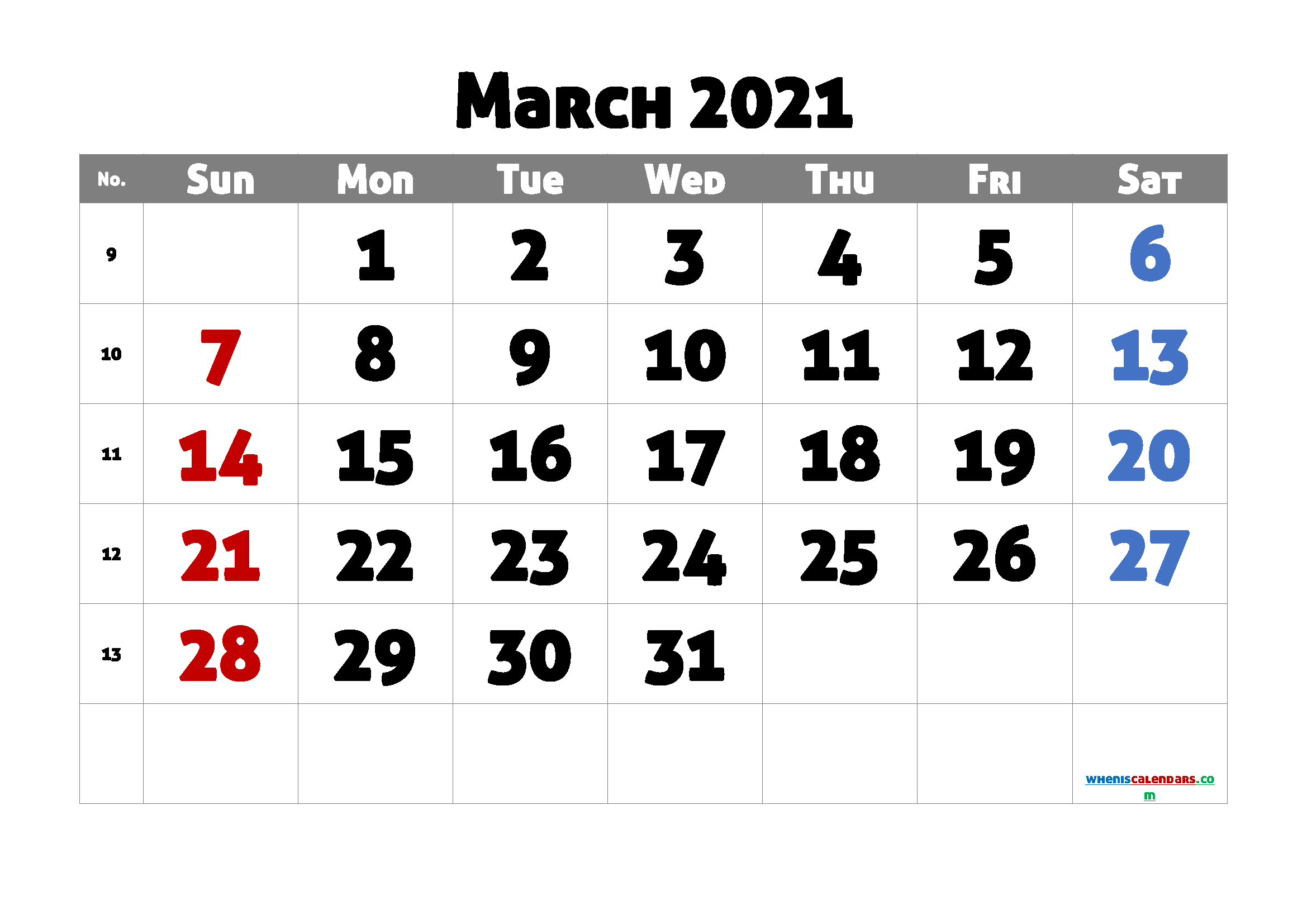free printable march 2021 calendar with week numbers