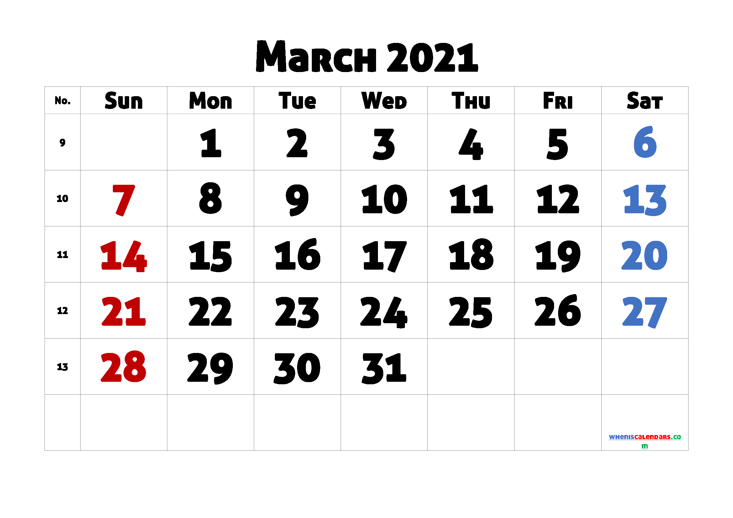 Printable Calendar March 2021 Free